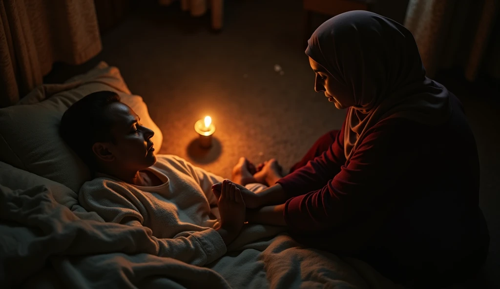 a beautiful Indonesian woman wearing a hijab, slim, 32 years old wearing a robe with buttons open, bra visible, is massaging a 14 year old teenage boy on a bed, in a room with wooden plank walls, at night