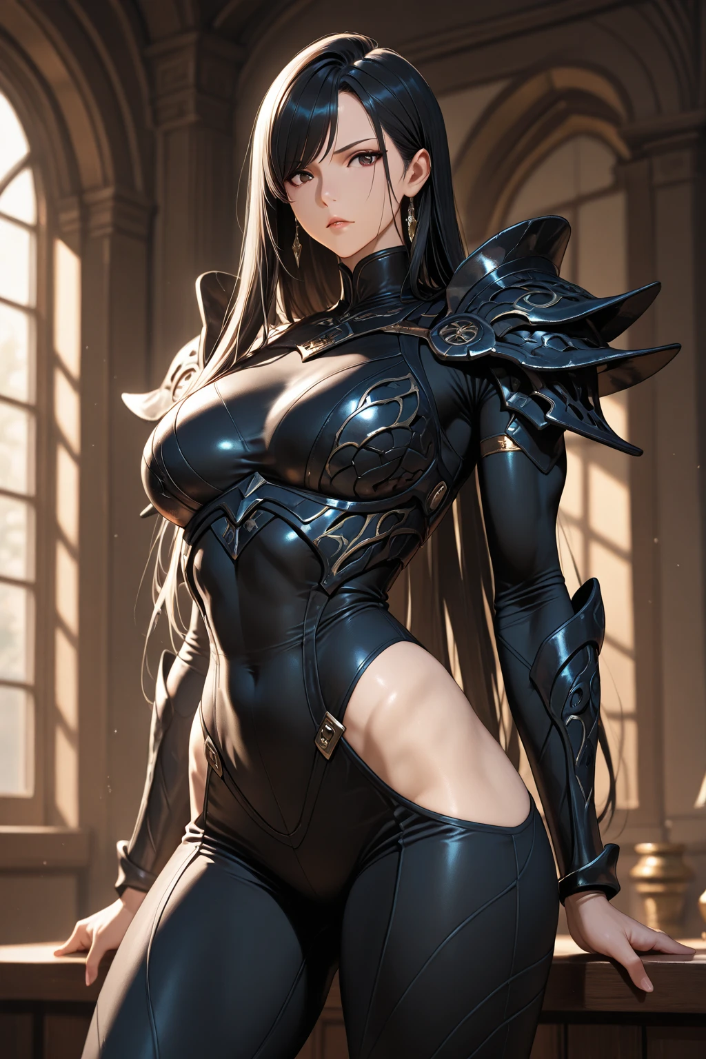 Subject:

1 girl, 20yo (Young female)
Beautiful character design (Beautiful face, perfect face, beautiful nose)
Expressive eyes (perfect eyes, looking at viewer)
Closed mouth (innocent_big_eyes:1.0) (Light_Smile:0.3)
Appearance:

Short hair (Hair_bun, bangs)
Brown hair
Red eyes
White skin
Body:

Beautiful body (Beautiful long legs, narrow waist)
Beautiful finger
Clothing and Armor:

Black dress (armored dress)
Shoulder armor
Armored boots
Background:

Simple White Background (blurry background, bokeh:1.2)
Style:

Official art
Extremely detailed CG unity 8k wallpaper
Perfect lighting (Bright_Front_face_Lighting)
Image Quality:

Ultra high res (4K, ultra-detailed, photography, 8K, HDR, highres, absurdres:1.2)
Kodak portra 400 (film grain)
Additional Notes:

(masterpiece:1.0)