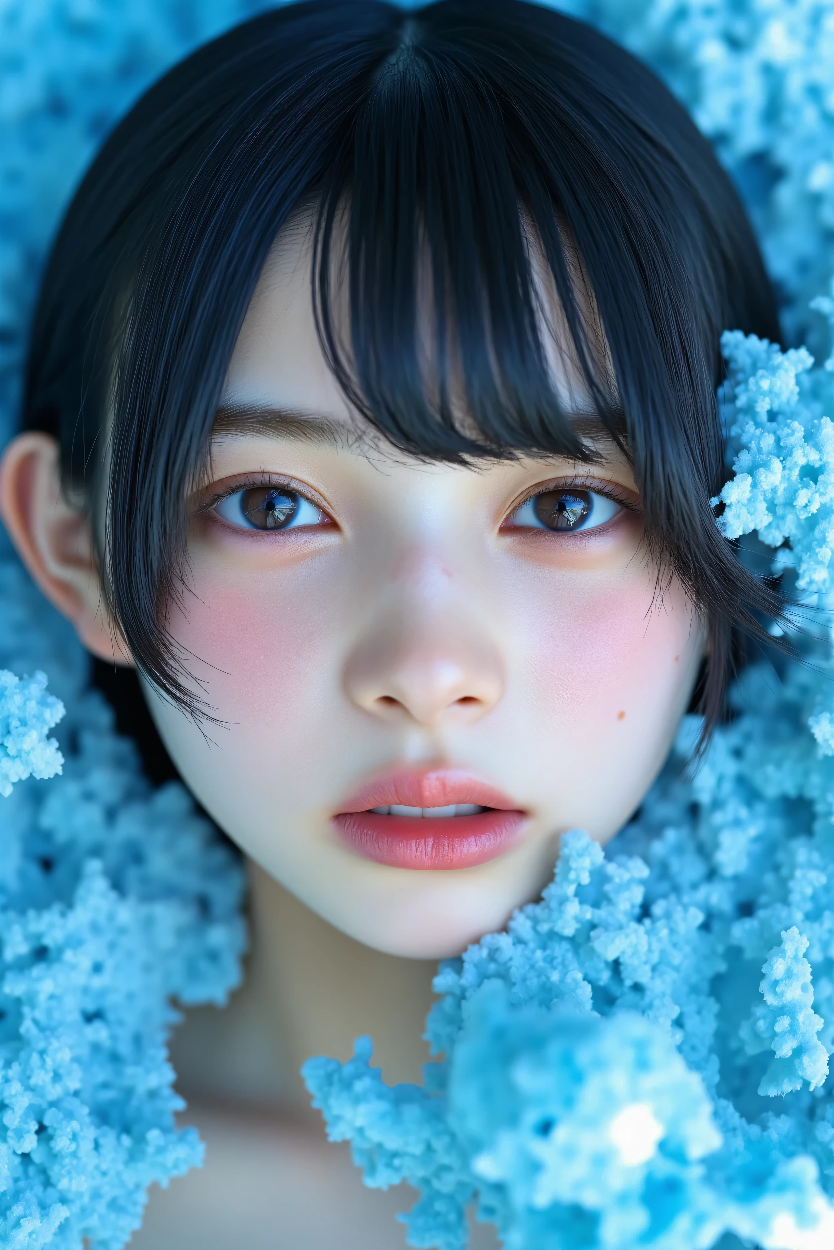 naked background blue sand beach wheat colored skin freckles face zoom up official art Hologram