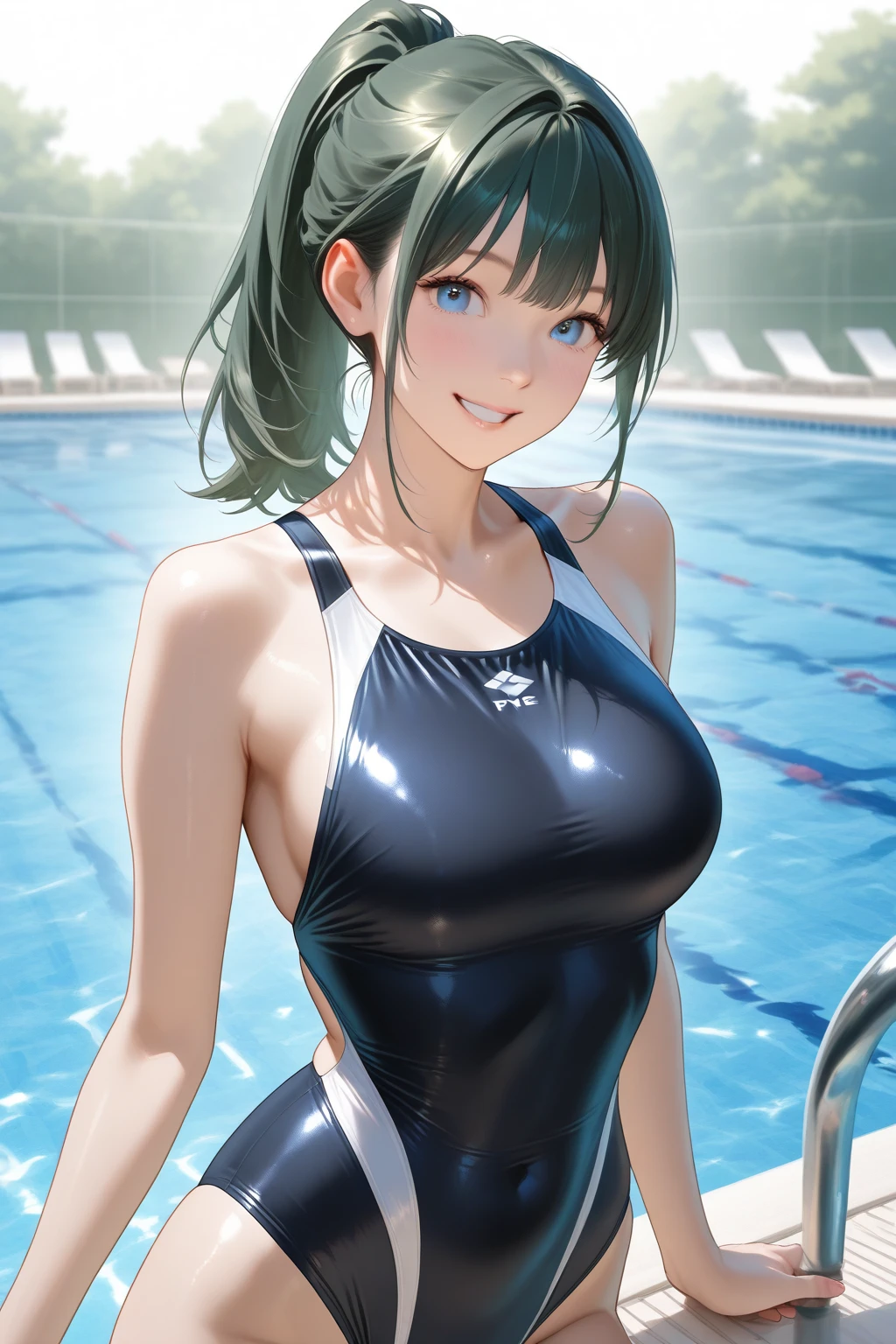 (large breasts:1.5),(shiny,hair),((solo)),((masterpiece)),((best quality)),perfect anatomy,slim waist,perfect image,8k UHD,(beautiful detailed eyes:1.5),extremely detailed face,standing,(upper body:1.1),(look at the front:1.3),arms behindback,ultra-detailed,absurdres,highres,(shiny Competition swimsuit:1.3),(latex),shiny,((sensitive smile)),green hair,long hair,((blunt bangs)),indoor pool,