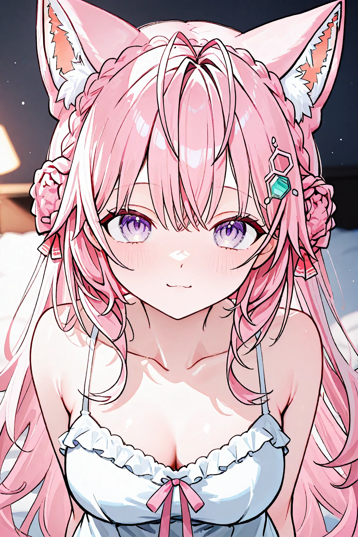 A pink GIRL bear with pale pink ears, brown nose, and eyes. She is winking her left eye and had a wide-opened mouth. She has pale cream-colored cream and magenta sprinkles. SPARKLE; GLITTER