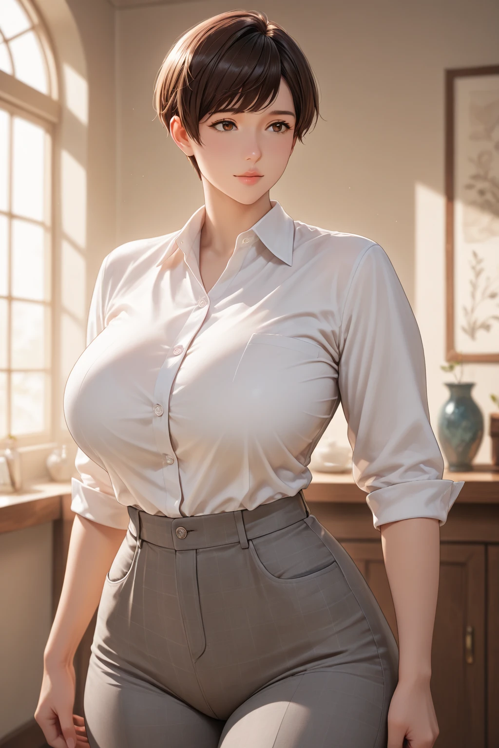 White dress shirt,Cleavage,Black Skirt,One Mature Woman,Glasses,female teacher,blush,smile