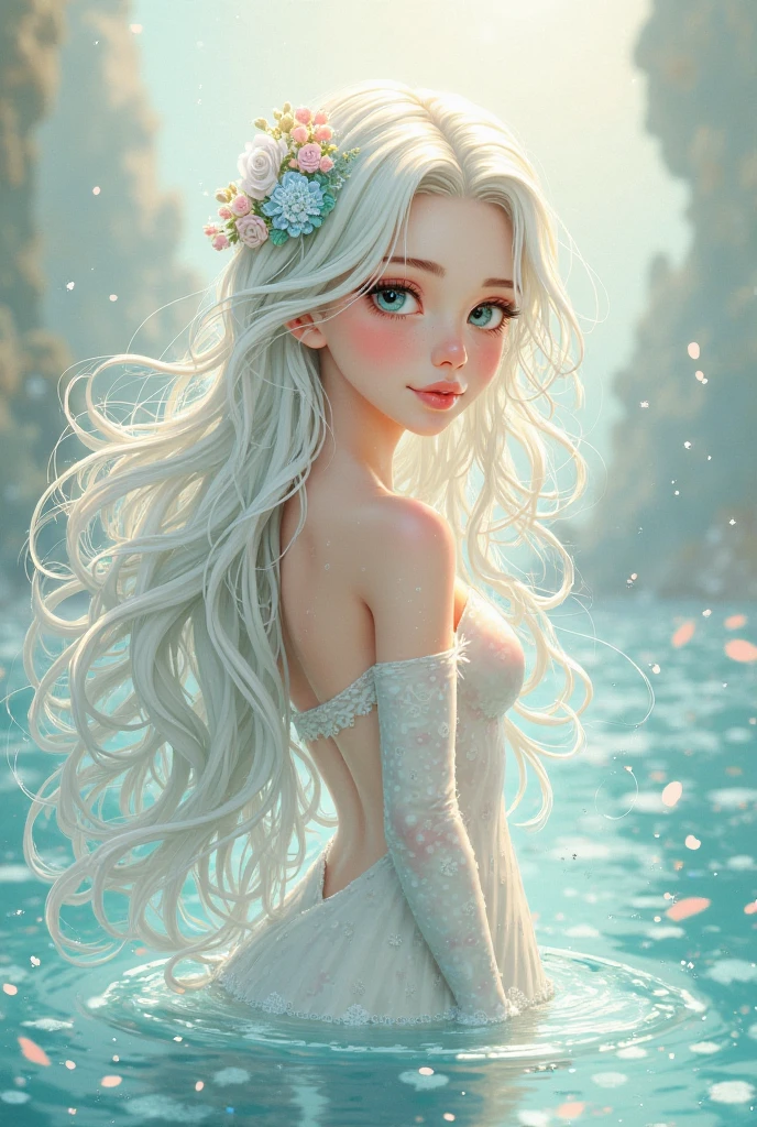 Illustration of the Little Mermaid, The Little Mermaid is looking up from the sea in a gorgeous pose, The background of the sea with colorful irises spreading out, as if depicting the feelings of being tossed about by love, Dreamy, fantastical, mysterious, Vivid colors, Pure white hair, Golden eyes, Anime style, Fairy tale style, Pure white hair, The longest hair, Extremely long hair, Wavy hair, Side hair, Hair between the eyes, Side curly, Golden eyes, Large eyes, Calm, noble and intelligent expression,fairly tale,flower decoration,princess,lunarflowerstyle