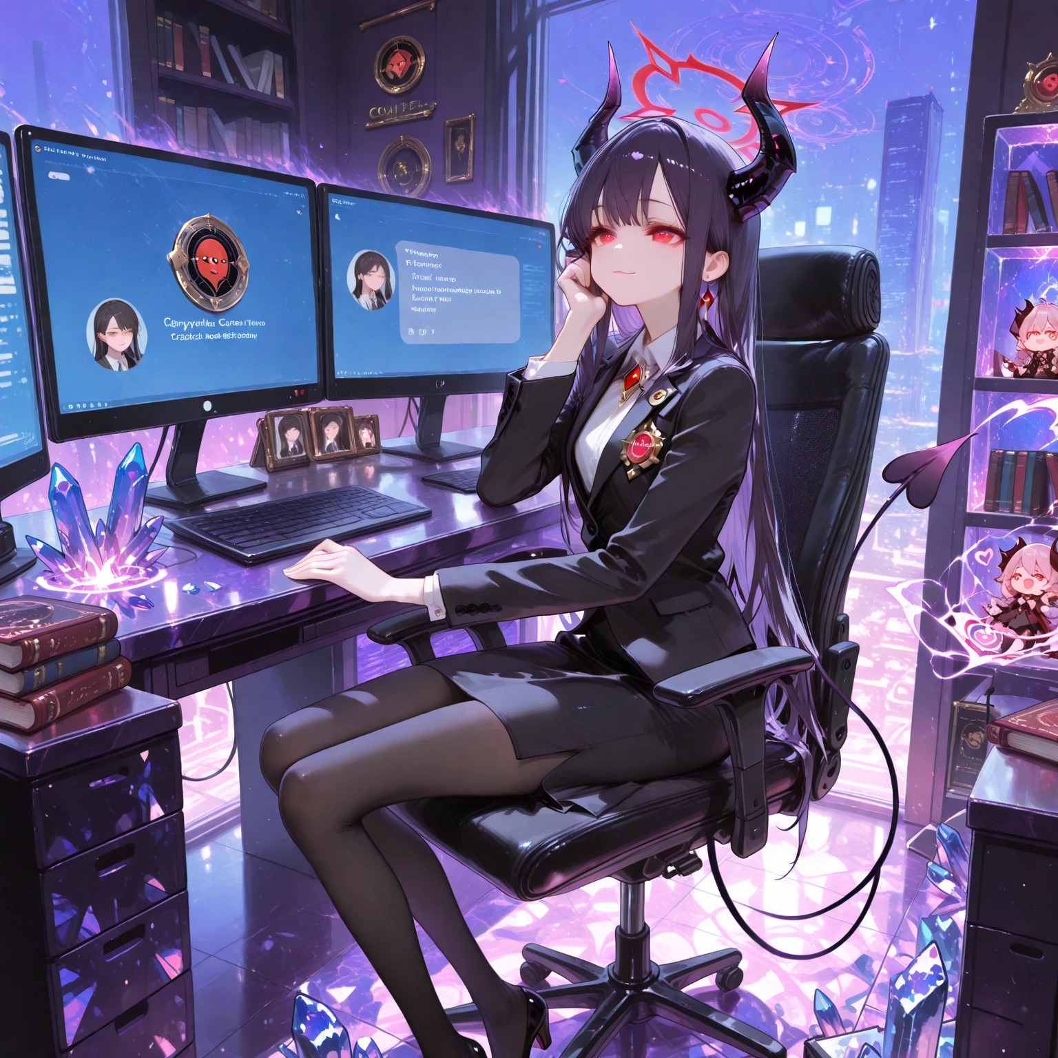 (masterpiece), (best quality), (1girl), sitting, pc gaming room, pc gaming mouse, pc gaming keyboard, mmorpg game on the monitor, (red strands), multicolored hair, white hair, red eyes, jewel like eyes, glowing red eyes, depressed face, mole under eye, soft pink lips, long eyelashes, night, egirl makeup, knee-high stockings, oversized shirt,