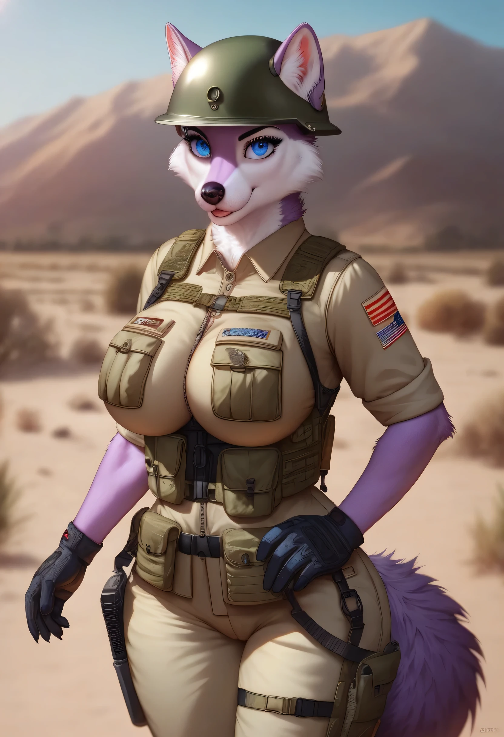 solo, 1girl, red fox, vixen, (female, broad shoulders, stocky build, buff, muscular, large breasts, short hair, black hair, blue eyes, highly detailed eyes, Amazon, powerful figure, dressed in military fatigues, desert camo, rolled shirt sleeves, cleavage, hands on hips, combat boots, full body, pleasant smile, looking at viewer, by darkgem, by bng, by meesh