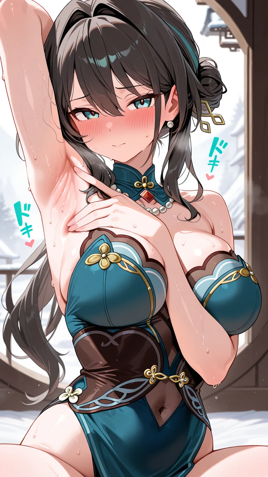 super detailed face, highly detailed eyes, China dress, small breasts, erect nipples, blush, exposed nipples, super detailed nipples, draw upper body only, baby face, overflowing breast milk, detailed costume, transparent navel, look at me, solid color background
