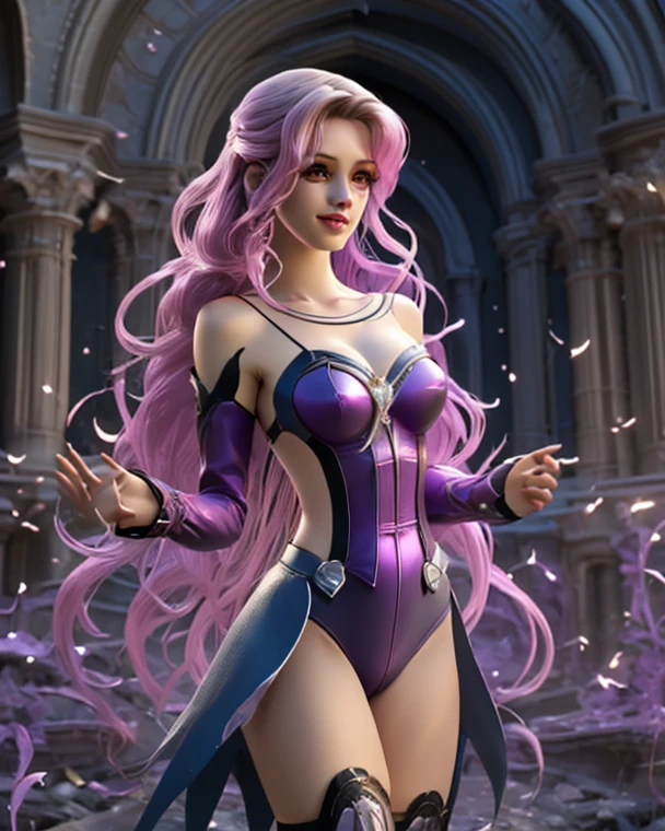 Princess Celestia, Princess Celestia from my little pony, Princess Celestia in the form of a girl, long hair, lush hair, superhero costume, cape, tight suit, logo on the sun suit, purple boots, full-length, in the castle, blue magic, best quality, very detailed, ultra 8k resolution, nipples, vagina