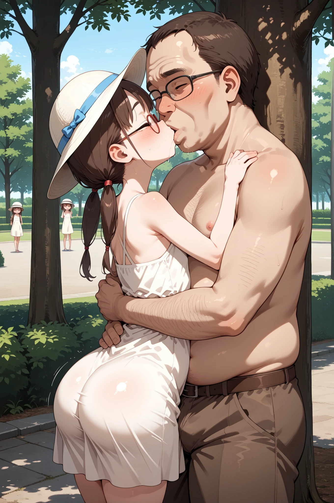 NSFW, girl fucked by her dad, ((15 years)), sexo padre e hija, incesto, muslos, en el bosque, ahegao, ((arreglar errores)), kissing his dad