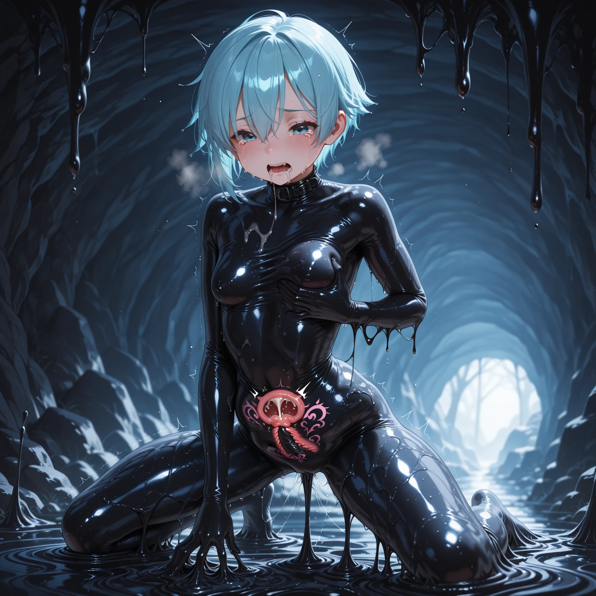 1 girl, ((slime girl)), (Purple skin), ((clear body)), (core), (juicy puzzy), nsfw, Expressive eyes, (Perfect Face), Baby Face, (9 years old), ((Petite)), Flat Chest, Slanted Eyes, Half-close your eyes, (dashed eyes), (((aroused))), (vulgarity), (((evil smile))), (Open your mouth), Sticking out tongue, saliva, short twintail, collar, (chain leash), ((straddling)), (Public toilets), ((steam)), ((drooling)), Watch the man, (((vaginal penis))), (((((cowgirl position))))), (((((intercourse with a man))))), ((1man)), detail perfect piece, ((pov)), 16k, (Best quality)