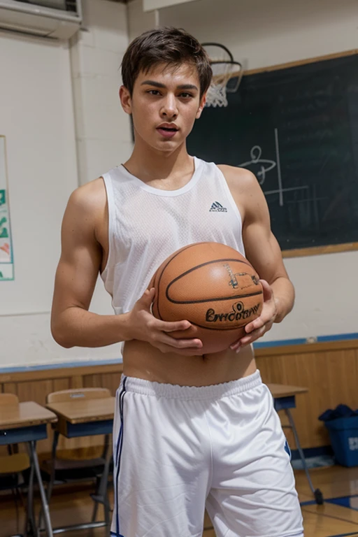A man stands on the grass, Muscular!!, a Muscular, 8k 50mm ISO 10, 🚿🗝📝, Okan            , wearing volleyball jersey, k hd, advertisement picture, professional sports style, Wearing NBA jersey, Muscular!, , Muscular!!!188cm!Single Eyelids！（（35yo ！）） with short brown hair ！ Only string thong！(Show hairy chest muscles), ), (Use a short beard,) headspace！Charming and serious look, （（Stand on the basketball court））, Muscular！, Close shave and secure fit, (High quality, photorealistic image),！ ((quality, 8K, tmasterpiece), super k hd photos, (Details on the face, skin textures, Ultra-detailed body:1.1)High body hair！A high resolution, tmasterpiece, muscular、Short hair details、NSFW、Spacious size、Correct limb sculpting fingers）The skin is really dark！The skin is real！Authentic texture、Camera close to the ground！！Straw sandals background scatter 1.2) training , 16k resolution , ultra-high clarity , hyperrealism, uhd ,  (bare thighs )  