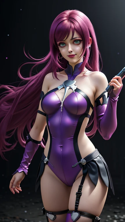 In a dimly lit beach with soft, warm lighting, a cute topless voluptuous girl sits on the sand, her curly pink hair glistening in the glow. She wears a sparkling black latex bodysuit with sexy cleavage that seems to shimmer and shine like bioluminescent paint, matching the radiant violet hue of her eyes. Her radiant red eyes are heterochromatic, detailed with long eyelashes and colorful irises, radiating confident eye contact. Her expression is sultry, with mesmerizing eye contact that draws the viewer in. Her massive breasts are perfectly rounded, with a large sag that adds to their allure. As she kneels forward, her legs spread invitingly, showcasing her confidence and sex appeal. The watercolor-inspired hues on her skin blend seamlessly, creating a photorealistic effect that's almost too beautiful to be real. Exquisite Face, (Highly detailed face 1.2), (Seductive, sexy facial expression:1.4), sweat flowing, detailed background, Depth of Field, volumetric light, crisp focus, Absurd proportions, (Realistic, hyperrealistic:1.4), dark skin, voluptuous lower body