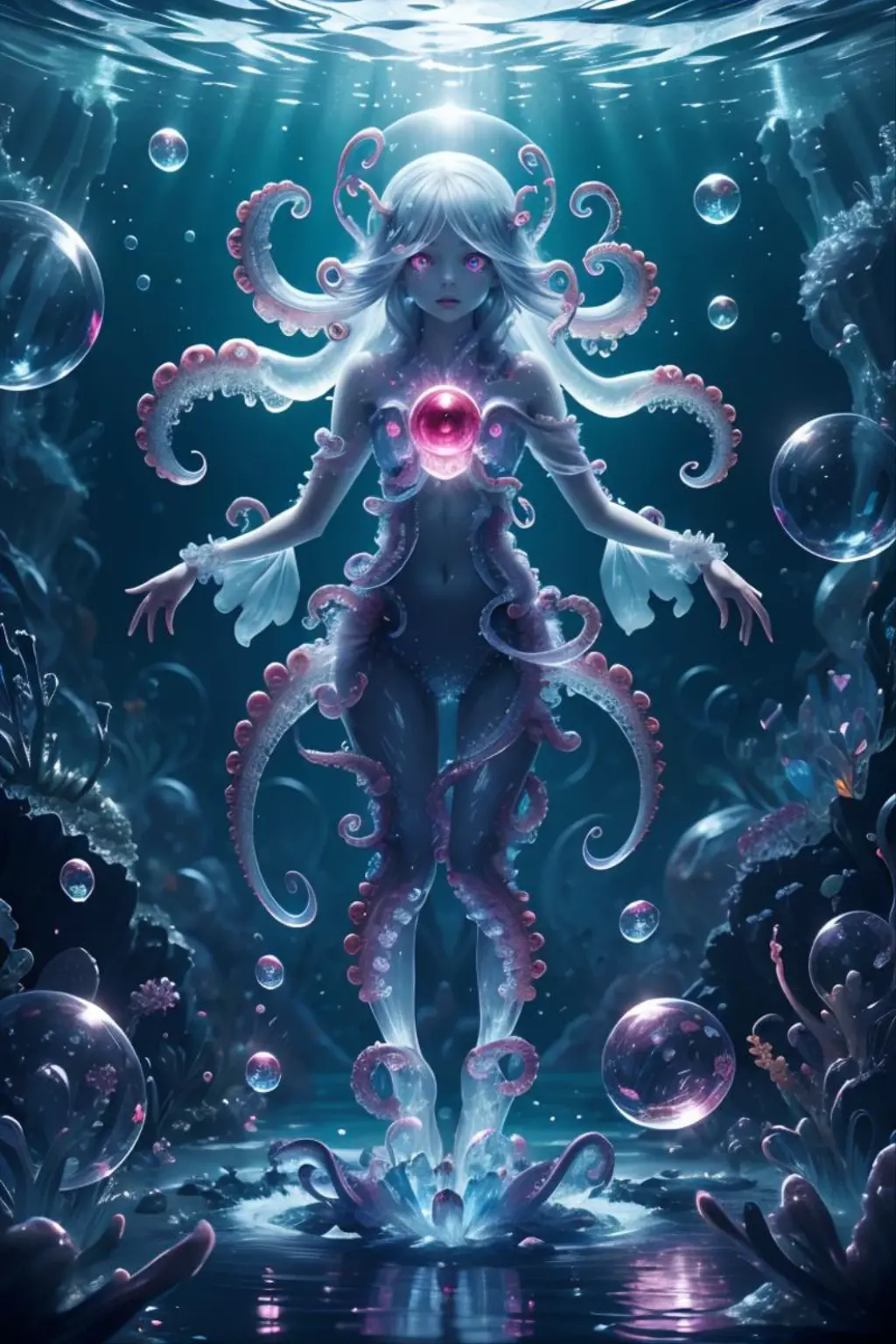 eye focus,tentacles,solo,Transparent glowing octopus,looking at viewer,multicolored eyes,no humans,reflection,water,extra eyes,bubble,monster girl,<lora:ral-crystals-sd15:0.8>,crystalz,