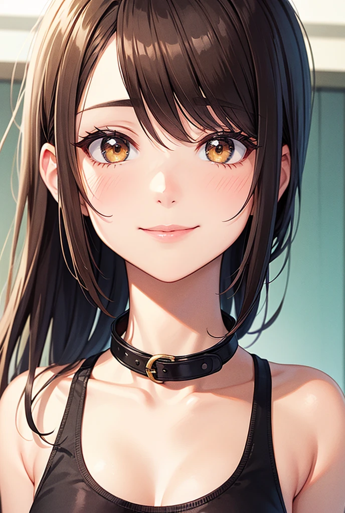 Chica morena, ojos negros y cabello corto y cabello negro