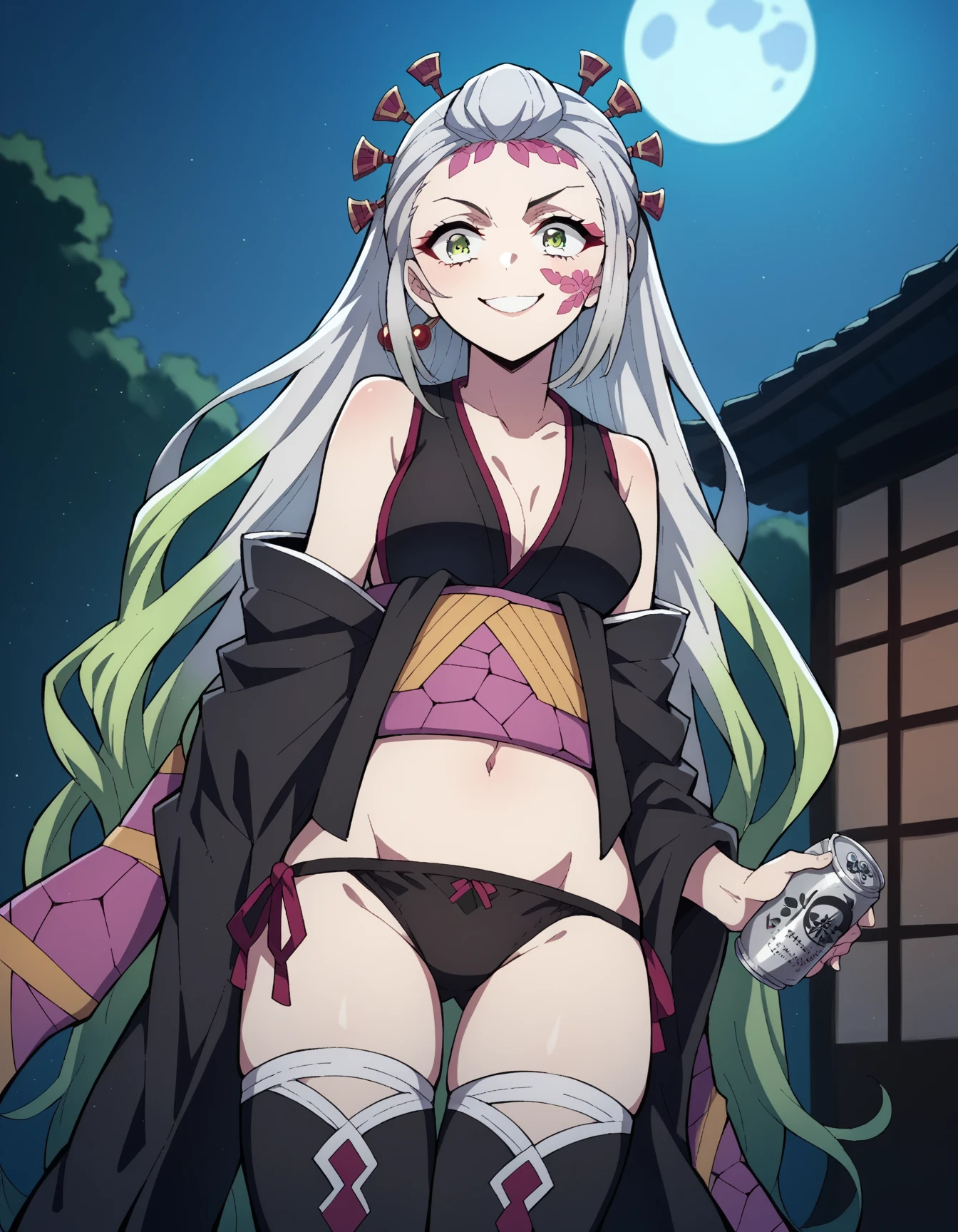 ((masterpiece), best quality, high quality, professional quality, highly detailed, highres, perfect lighting, natural lighting), (1girl, beautiful, medium breasts, (multicolored hair, purple hair,green hair,silver hair, long hair, high ponytail), perfecteyes eyes), (wearing leaf print, extremelyBeautiful_beautifulclotheswild/Extremely beautiful clothes), on the beach, walking the boardwalk, <lyco:locon_perfecteyes_v1_from_v1_64_32:0.6>