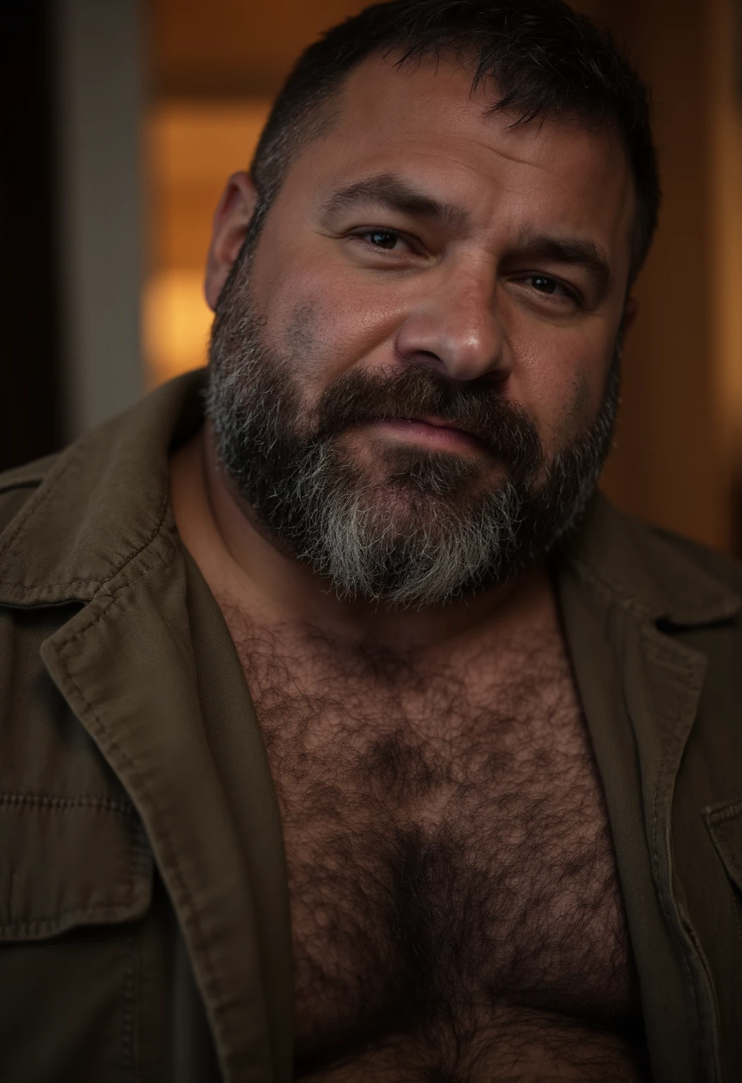 full figure shot photography of an italian strong massive big chubby 50 year old man , big cock, trousers, manly chest, unbuttoned shirt, short beard, shirtless, printer in an old printing house, next to a huge old printer, dim light, side light, ambient occlusion