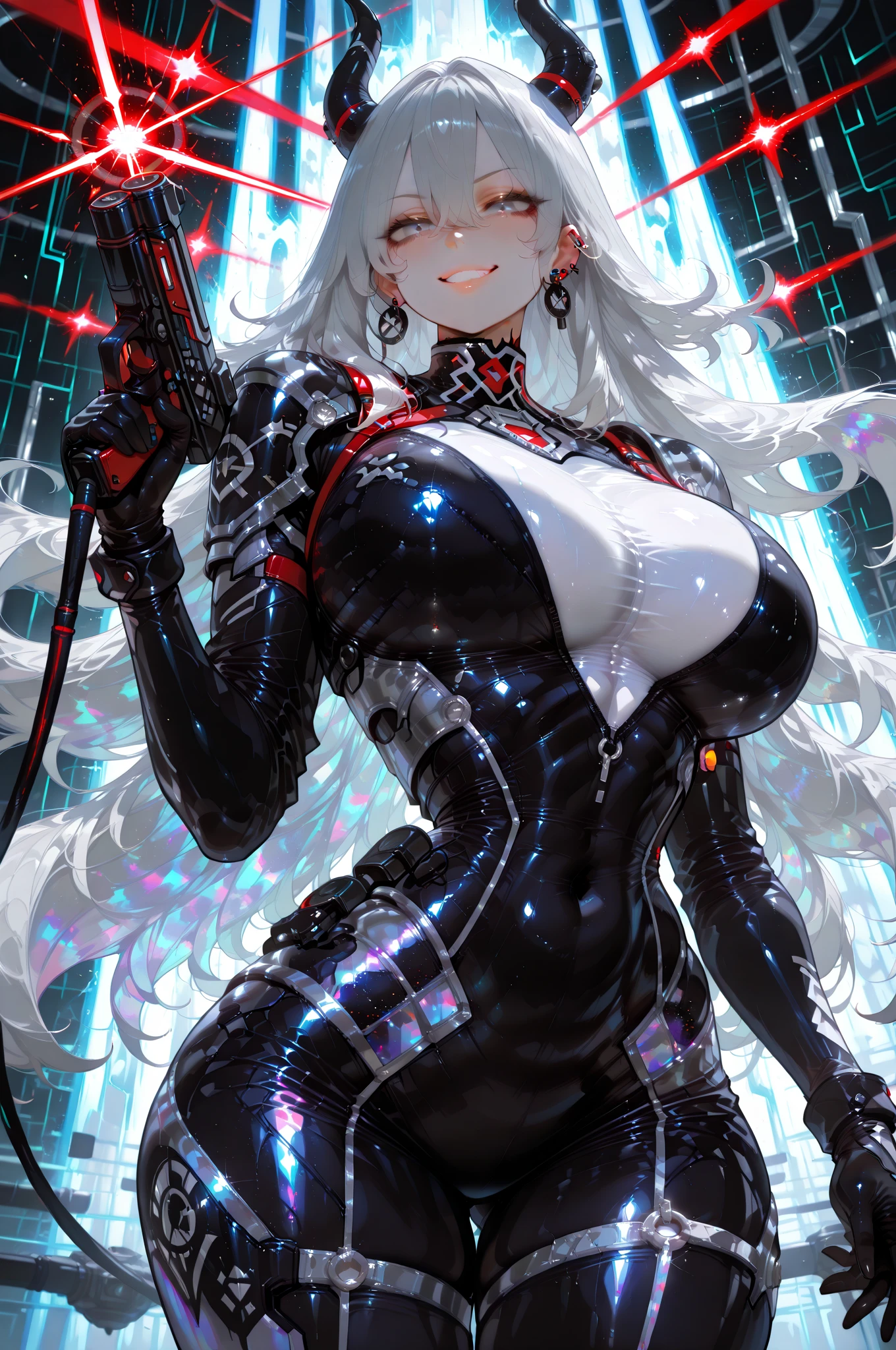 (masterpiece, extremely detailed, best quality, absurdres, anime style:1.4) nice hands, perfect hands, 1girl, solo, mature, milf, sexy, (huge tits:1.3) <lora:more_details:1> <lora:Omega-F Kangaxx v5:lbw=inall:step=5-35>omega_tpa, 1girl, earrings, black armor, lipstick, high heels, pale skin, white hair in ponytail and straight bangs, long hair, (starry sky, glowing constellations:1.3), elbow gloves, floating space arena, runes, polearm, full body, holding polearm, full body, standing