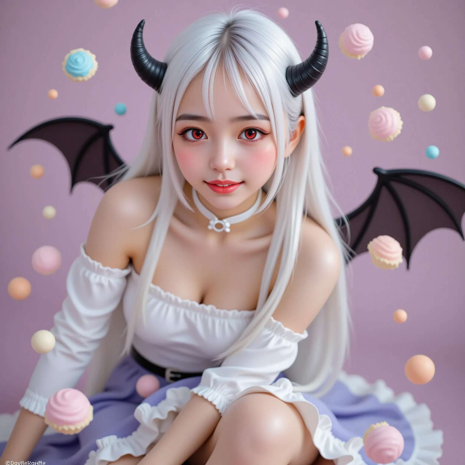 egirl, white hair, straight hair, freckles, devil horns, gothic dress, dog collar, eyeliner, mascara, eye shadow, smoky eyes, pink eyes, nose ring, smile, teeth, bedroom full hd 4k