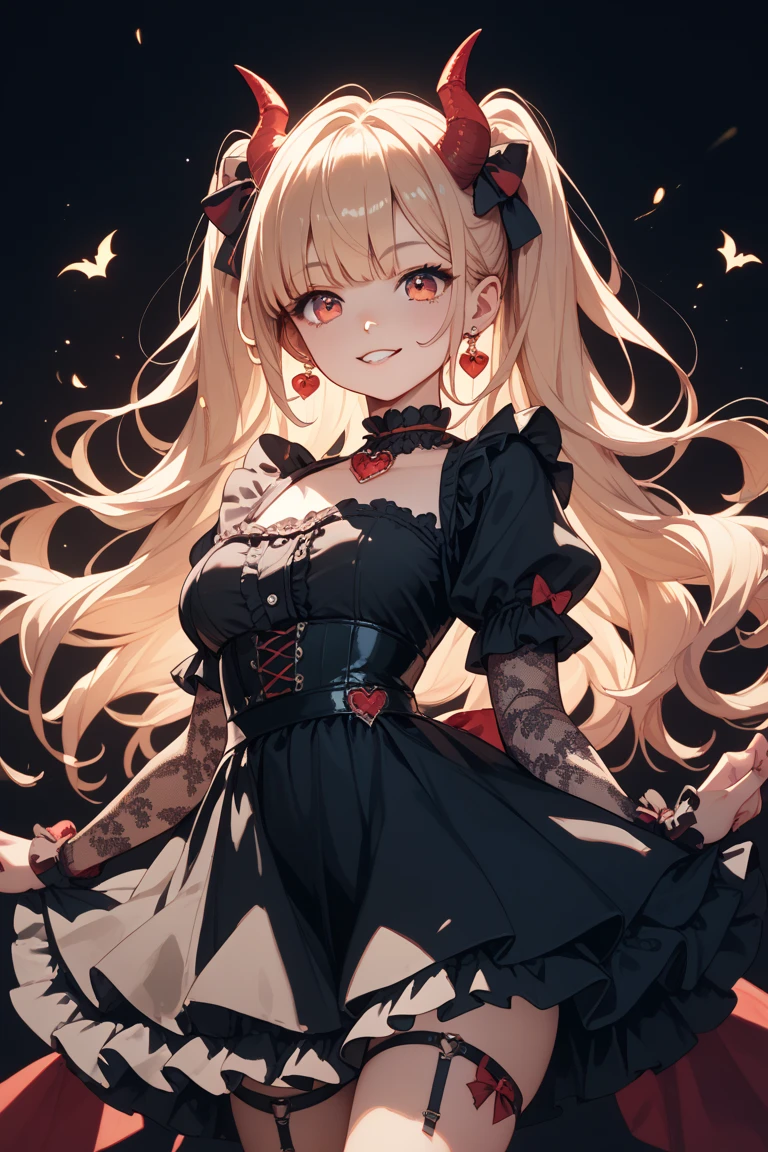 (8k,High resolution,masterpiece, accurate, Anatomically correct, Winner of numerous awards, 最high quality, High-resolution model, high quality, High detail, Very detailed:1.3)One person,16 year old girl,red eye(Big eyes)(Drooping eyes)
(pink sexy lips:1.2)Blushing,Hilda Hopes, smile,View your viewers, Hair Bun,blonde,Twin tails,dress, Red gloves, boots, Hoop Earrings,Large Breasts, (Cleavage)(grassland at sunset:1.0)(under the big tree)red and black dress,mini skirt