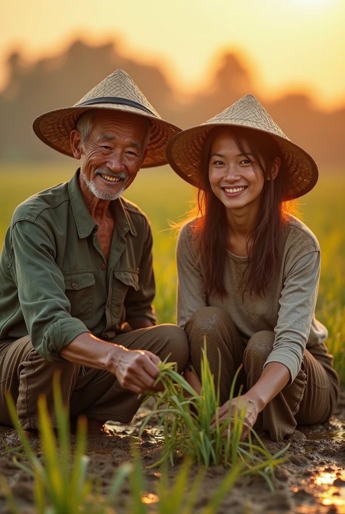 Man and woman 70 years old from Vietnam, pair, beautiful and sexy woman , very happy, in the rice field, in Vietnamese hats, looking at the camera, laughing
