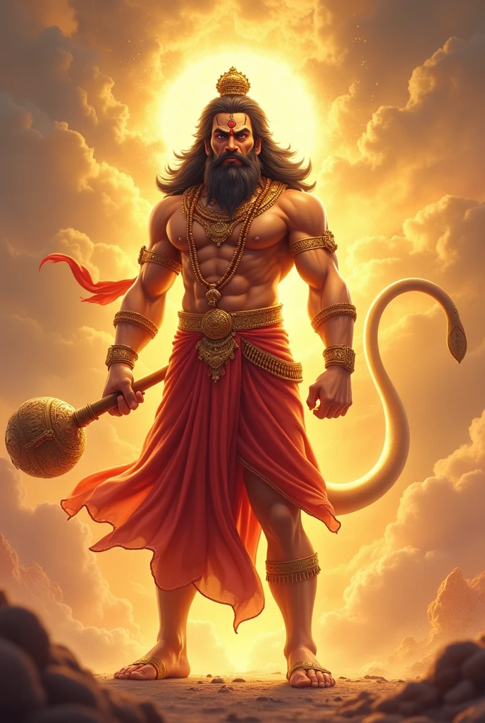 Here's a refined prompt that includes Lord Hanuman giving blessings:
"Create a realistic image of Lord Hanuman, the revered Hindu deity, with distinct monkey-like features, giving blessings. Depict him with a powerful, muscular body covered in reddish-brown fur. His face should resemble a monkey's, with a broad, flat nose, a pronounced snout, large, round eyes showing compassion and strength, and a gentle smile. His ears should be rounded and prominent, and his mouth should display sharp teeth. Hanuman is wearing a golden crown with colorful gemstones and a tilak (sacred mark) on his forehead. His right hand is raised in a gesture of blessing (abhaya mudra), with his palm facing forward, radiating warmth and protection. He is dressed in a red dhoti with a golden border and adorned with golden jewelry, including necklaces, bracelets, and anklets. His long, curled tail rises behind him. In his left hand, he holds a golden mace (gada). The background features a divine landscape with soft, golden clouds, a glowing aura, and a serene, vibrant sky, emphasizing his divine presence and his role as a protector and guide."
This version adds the gesture of blessing while retaining the distinct and traditional details of Lord Hanuman's appearance.