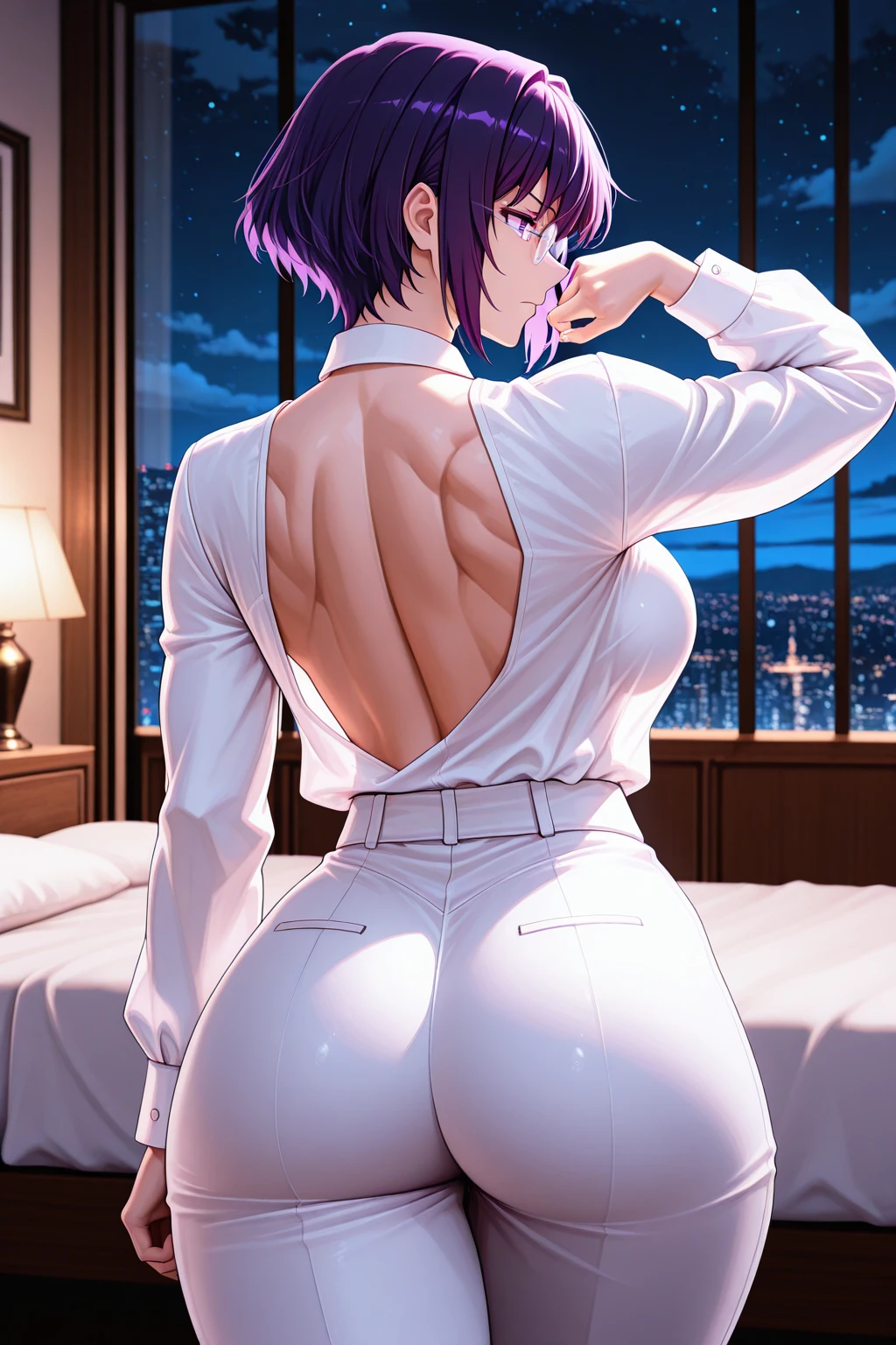 ((Masterpiece, best quality, high quality, highly detailed background)), ((hotel bedroom, on the bed, city skyline background, blue sky window view:1.3, blue sky:1.3)), ((lady_nagant, (mature female), (large breasts), short hair, streaked hair, medium hair, ((nude:1.3)), ((reverse cowgirl position, straddling, sex from behind, ass, 1boy, 1girl, sex, penis, cum in pussy, overflowing cum)), ((shy, embarrassed, open mouth, blushing))