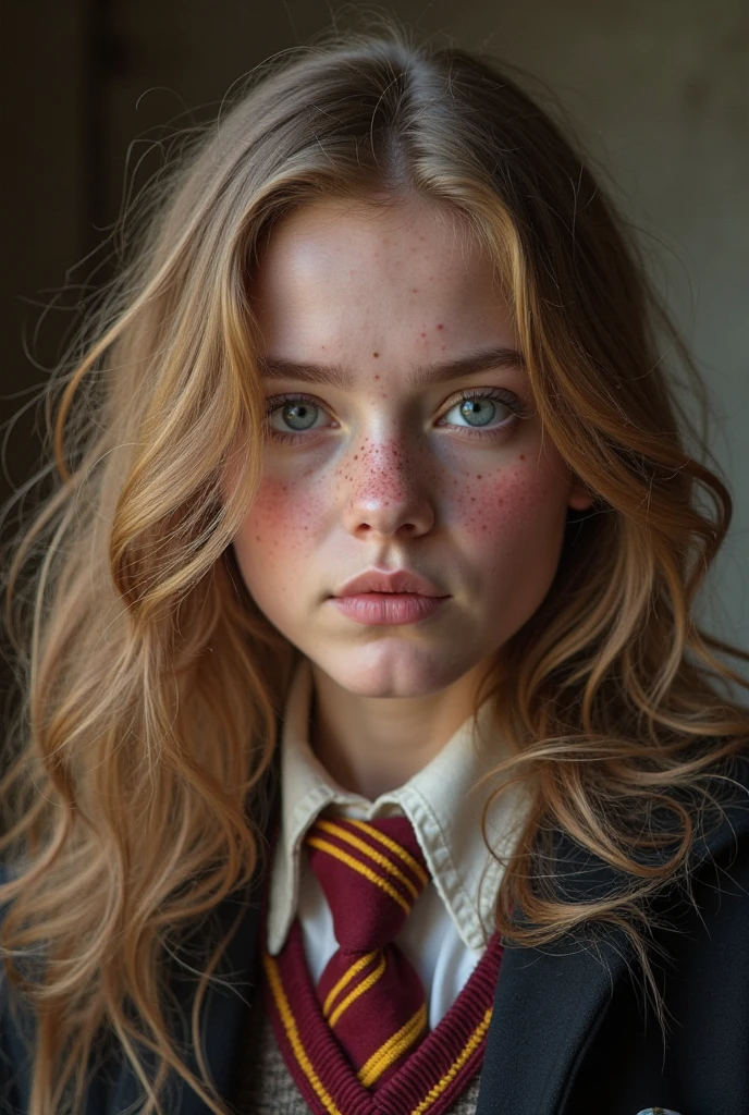 Very pretty 17 year old girl with chestnut brown hair, toffee brown eyes, pale skin, and freckles. Dressed in long-sleeved white button-up shirt and Gryffindor tie. Background of Potions classroom. Realistic detailed lifelike photograph
