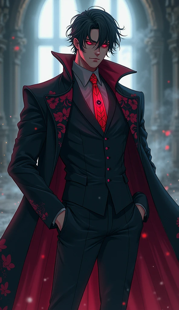 "Anime-style illustration of a mysterious, intimidating male villain with glowing red eyes, wearing a luxurious floral-patterned suit and long flowing coat. Standing confidently in a dark, misty environment with swirling shadows. Cinematic lighting, gothic atmosphere, sharp facial features, windswept hair, dramatic pose. Ultra hd 8k details. (The eye lance are blood red and dark pink with small black circle. The eye lance has complex design) 