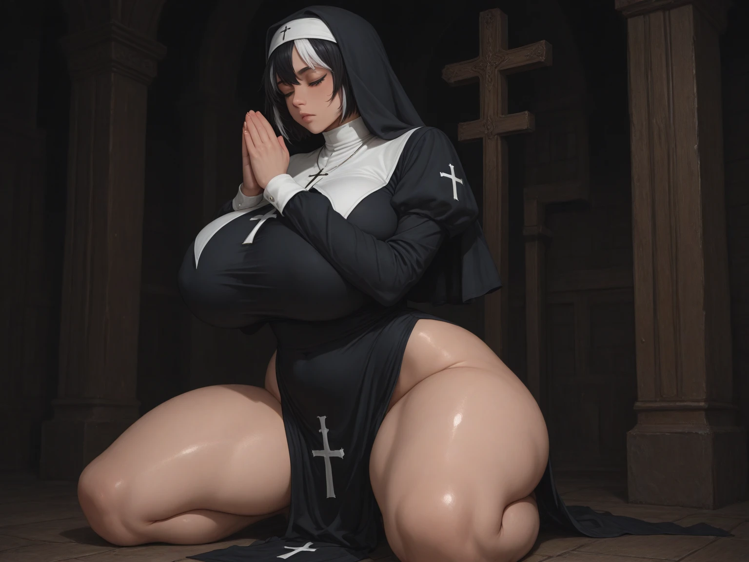 score_9, score_8_up, score_7_up, 1girl, 1boy, magnificent body, pubic hair, crazy sex with a beautiful sexy nun, she is beautiful and very hot, hard fucking 