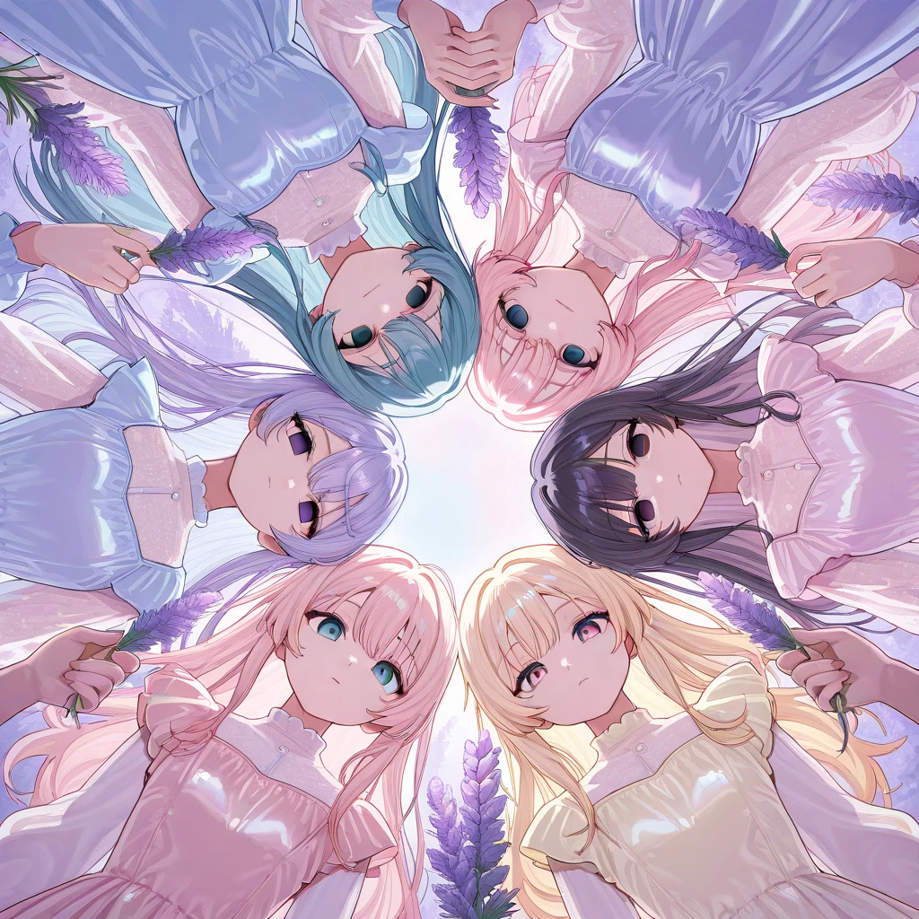 (((focus panties))), (I look up at the five girls from the ground.)、(Five girls are standing in a circle around me, looking down at me.)、((circle))、(seductive evil grin), (((5 giant girls)))、((angle from below)), 5young face, (thighs), 5panties, belly button、(angle from under 5 girls), Raise your knees、The girls have their feet on me、