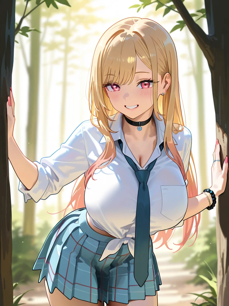 ((highest quality)), ((masterpiece)),  grabbing clothes and lifting them up to show breasts nipples crying forest long blonde hair lifting the hem of her clothes outside lifting her top showing off her breasts hot pants hand on top of her chest forest 
