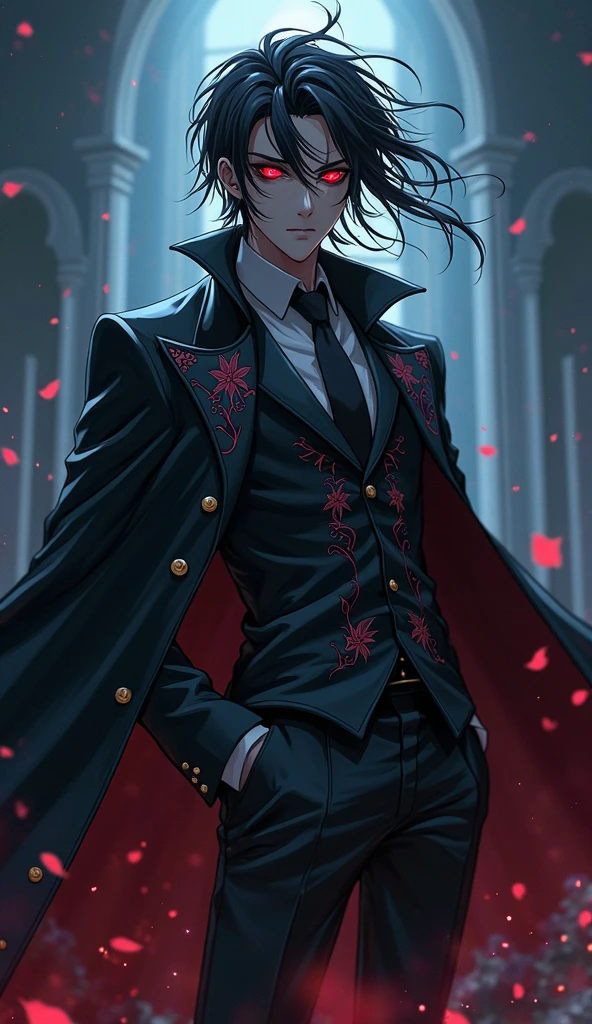 "Anime-style illustration of a mysterious, intimidating male villain with glowing red eyes, wearing a luxurious floral-patterned suit and long flowing coat. Standing confidently in a dark, misty environment with swirling shadows. Cinematic lighting, gothic atmosphere, sharp facial features, windswept hair, dramatic pose. Ultra hd 8k details. (The eye lance are blood red and dark pink with small black circle. The eye lance has complex design) 