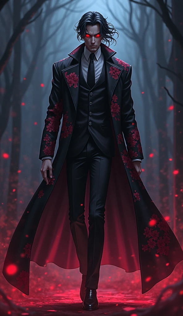 "Anime-style illustration of a mysterious, intimidating male villain with glowing red eyes, wearing a luxurious floral-patterned suit and long flowing coat. Standing confidently in a dark, misty environment with swirling shadows. Cinematic lighting, gothic atmosphere, sharp facial features, windswept hair, dramatic pose. Ultra hd 8k details. (The eye lance are blood red and dark pink with small black circle. The eye lance has complex design) 