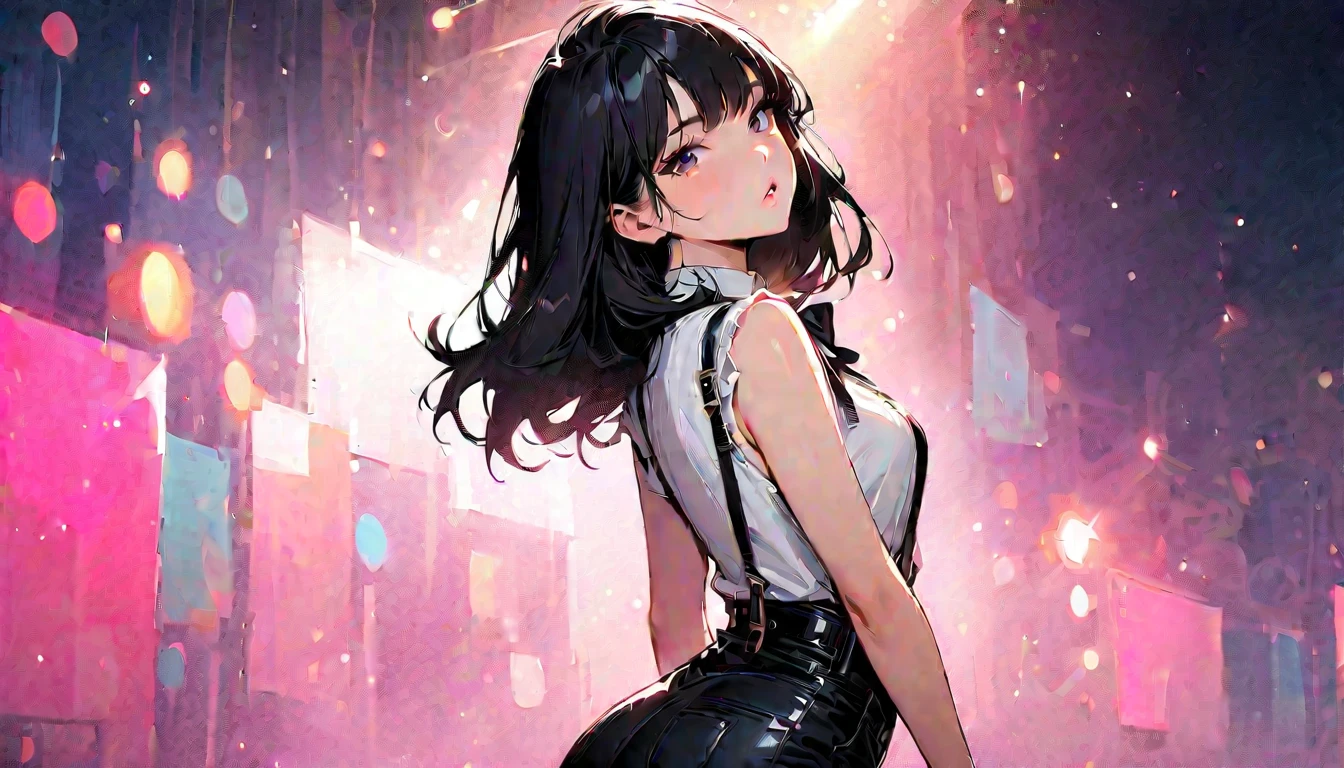 1girl, solo, yazawa nico, twintails, (red eyes), black hair, hair bow, single sidelock, small breasts, choker, city, absurdres, high res, ultra Sharp, seductive smile, blush, Black skinny pants, white tight tanktop , 8k, from behind