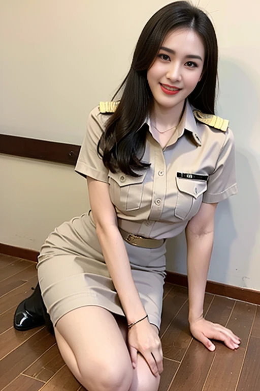 Khaki suit, khaki civil servant, Thai teacher uniform:1.3, Beautiful girl with extra long hair, Two meter long hair, Long hair that catches the eye, long black hair, Her hair is very long., Long, shiny hair, Long, thick, soft hair, Extra long hair, Dynamic posts, like full body, Short sleeve shirtสีกากี, short pencil skirtสีกากี, side cut, Decorated with military insignia., black high heels, The sexiest, small waist, hips raised, small thighs, Long legs, big breastsโต, big breasts:1.5, big breast, Very big breasts, Eye-catching breasts, Large breasts pierce the shirt, Not completely covered, big breast, Huge breast, Big tits D, สาวTwo meter long hair, Beautiful face, red lips, Very shiny, แต่งBeautiful face, Military rank insignia, short pencil skirt, tight, Short sleeve shirt, tight fitting, in the background, blurred garden. ultra short skirt,