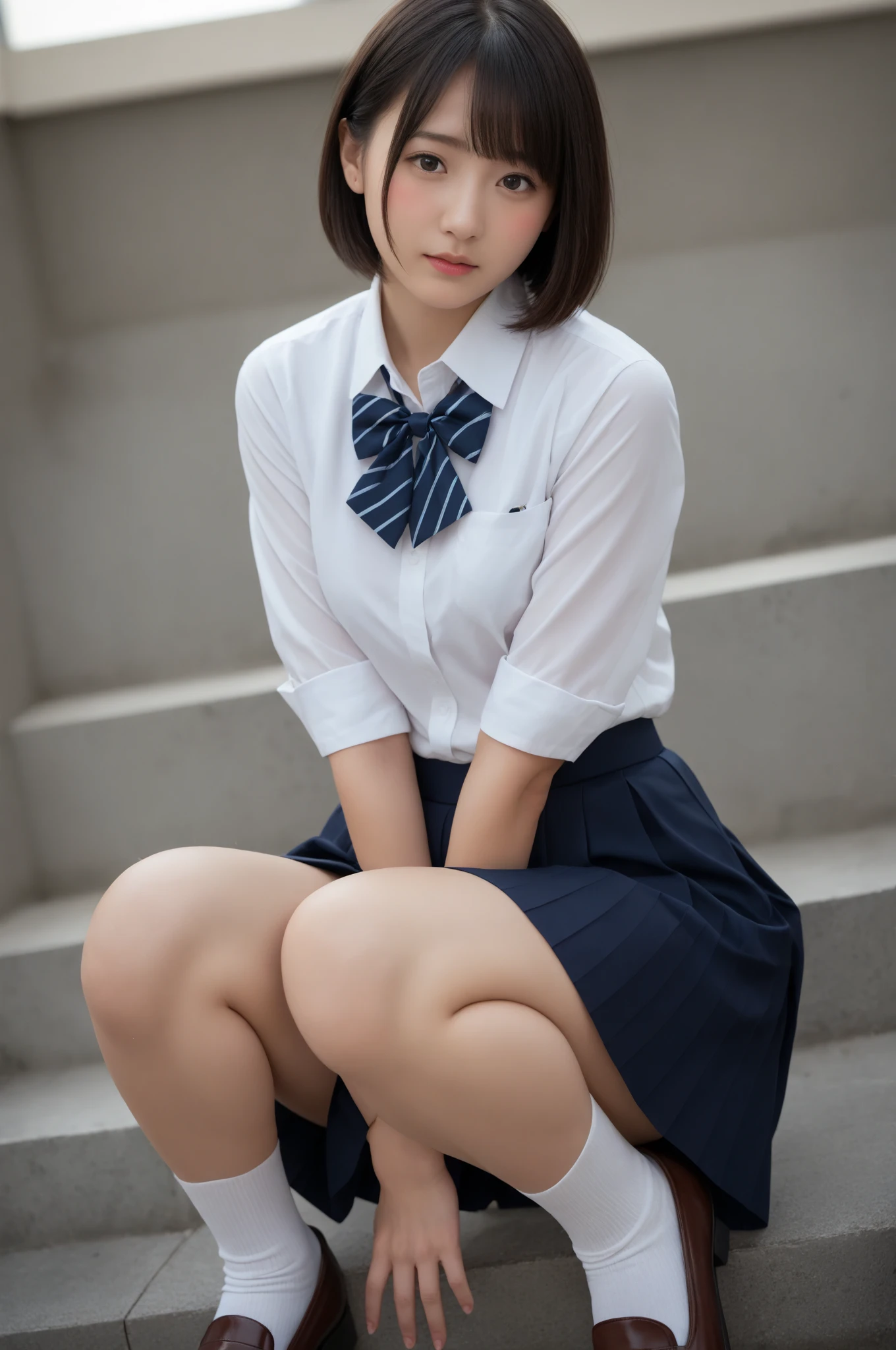 (RAW Photos, Highest quality)，(Realistic，photo-Realistic:1.3)，masterpiece，Very delicate and beautiful，Very detailed，CG，Unity，2k wallpaper，wonderful，In detail，A light smile，Very detailed，CG Unity 8k wallpaper，Large file size，Very detailedな，High resolution，Absurd，(Short Bob，short hair:1.3)，((Floating Hair NovaFrogStyle))，Beautiful detailed girl，Detailed fingers，Very detailed eyes and face，Beautiful and sophisticated nose，Beautiful details，Long eyelashes，Summer Park，Light on the face，View your viewers，((Short-sleeved shirt，White shirt:1.4))，((tie，ネイビーのtie:1.4))，((Pleated skirt，ネイビーのPleated skirt:1.4))，(((Roll up the skirt yourself)))，(((I rolled up my skirt myself)))，((Browsing Caution，Sexy panties，Sky blue panties:1.1))，((Browsing Caution，Very small panties:1.5))，Camel Toe:1.5，Pay attention to the panties，1 high school girl，cute，young，Mature Face，(whole body:1.7)，Realistic face，Realistic body，Beautiful thigh detail, 