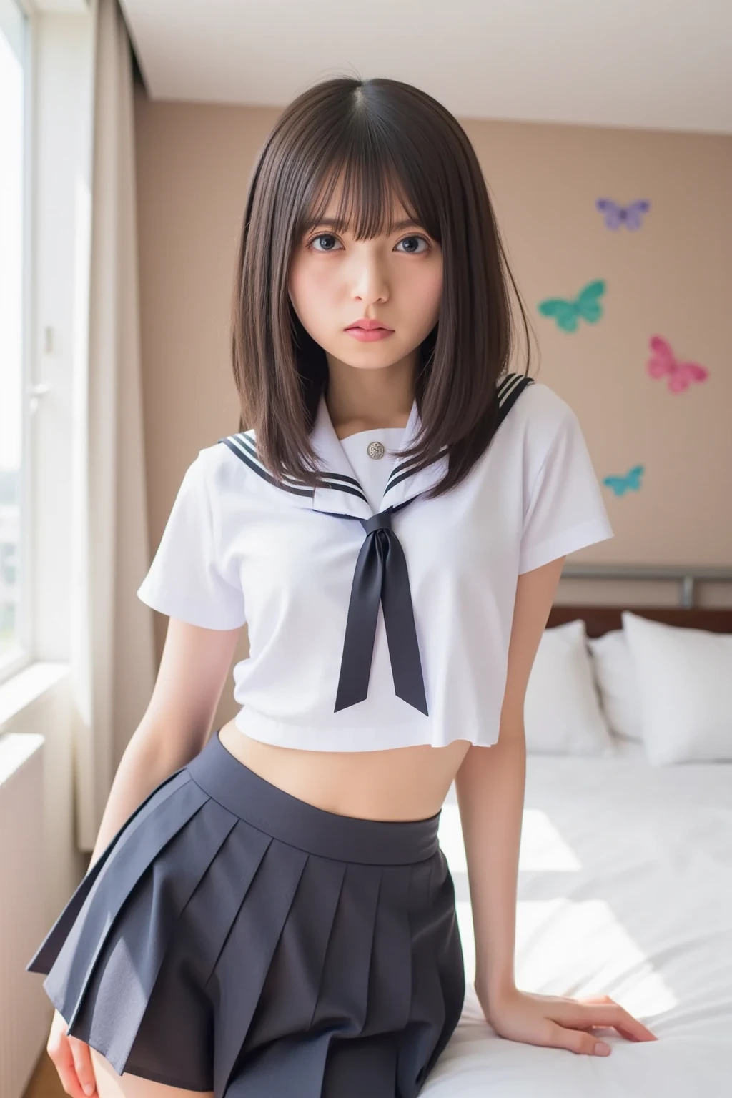 realisticlying、12 year old girl、、Sideways view、Portrait close up、Sideways view、Wearing a full-body giraffe print bodysuit with a giraffe tail on the buttocks、Long wavy black hair、The face smiled、Theater stage、sexly?(((Crouched, seen from behind, leaning on a table, hands in front, Chest glued to the table, Leaning forward, ass standing, Miniskirt, spreading legs,))) Cute Baby Chibi lolli ,(((chibi 3d))) (Best Quality) (Master Price)、(masutepiece:1.3), (punk fashion:1.5), (punk hair:1.2), (Lots of accessories:1.2), Kimono with geometric pattern, Looking at Viewer, 1girl in, Smile, ultra-realism, Photographic, Sunshine, Realistic lighting, (the school festival at the high school:1.5) (tchibi:1.7) 、jumping