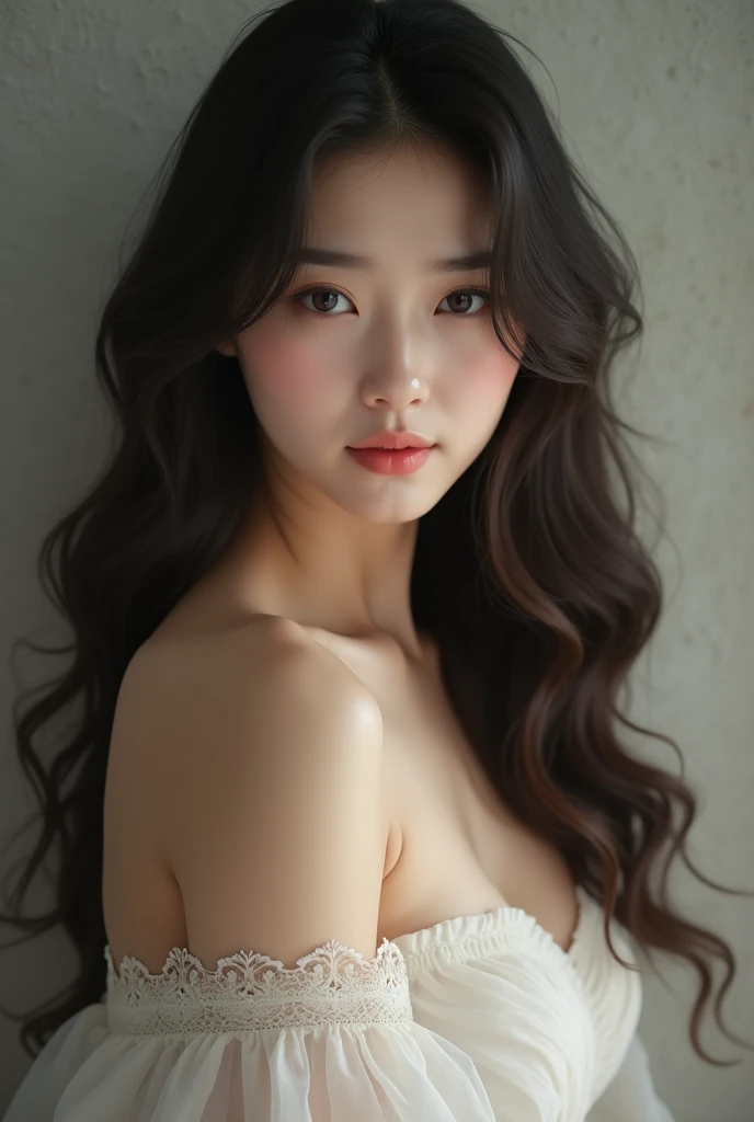 Korean woman, who is 1. She has long,thick,brown hair and big brown eyes. She has soft features and a doll-like appearance. . She stands at full height.