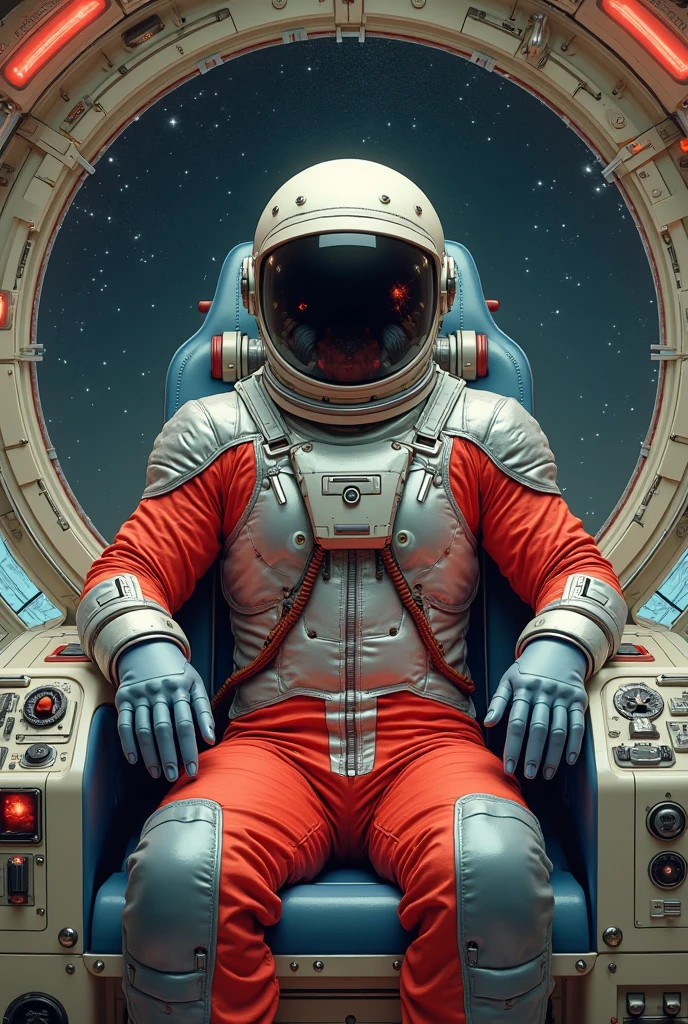 A 1970s Kodachrome picture of an astronaut sitting on a sofa in a 1970s spaceport, muted colour, bokeh,shallow depth of field, Canon 35 mm POV, cross-processed colours, faded photo,wide angle fish eye,full body,1970s architecture, 1970s design aesthetic, shag carpets, browns and oranges