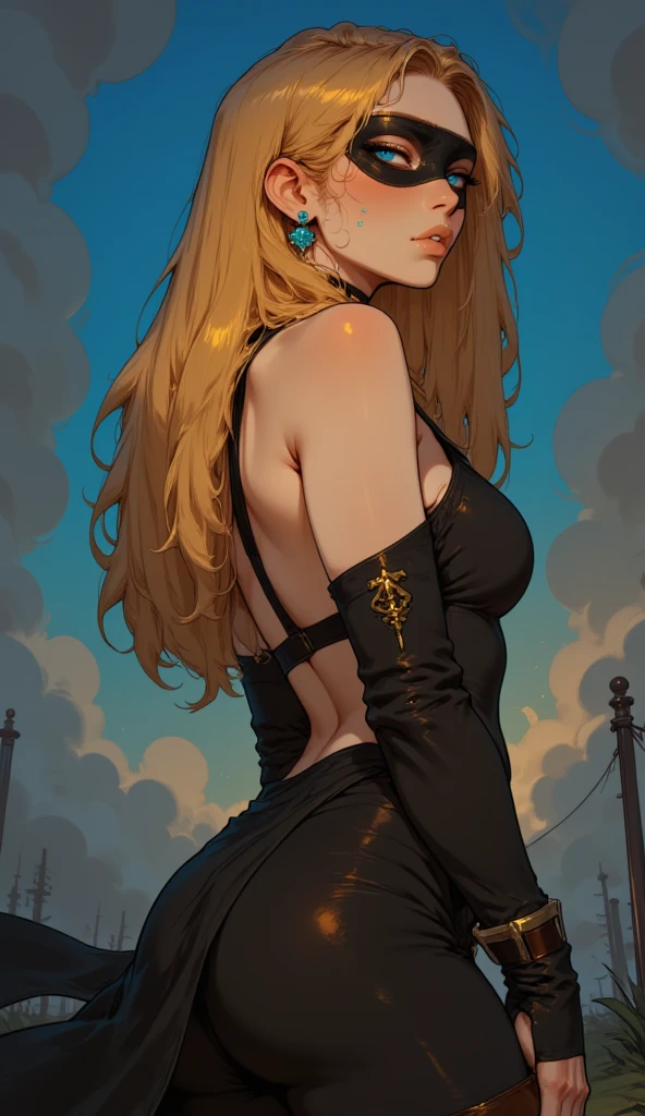 trans Male to female, plump pursed lips, freckles, two colors hair, long curly yellow hair with bangs, crystal blue eyes with smoky eye shadow and black eyeliner, black semi-matte lipstick, pale tan skin, flirty smug smile, red sundress, large futanari genital huge bulge, at night, full moon night,