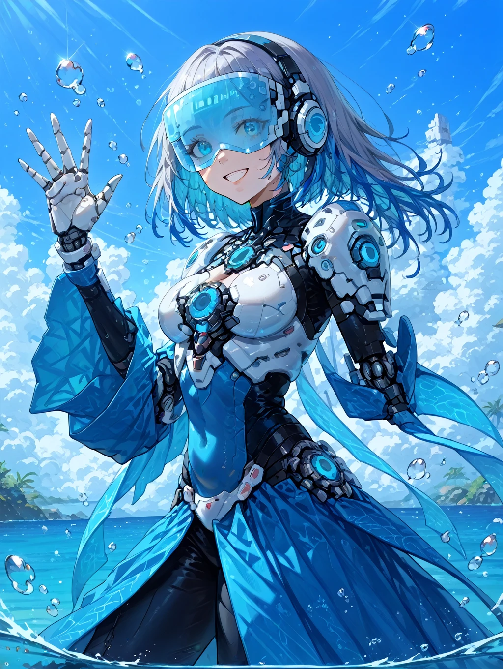 ((((Obra maestra, La mejor calidad, ultrahigh resolution)))), 1girl, brooding, sitting, (((doll knees, doll elbows, ((doll joints:1.2, action figure limbs:1.2, segmented body))), [seashell torso], (segmented waist), (hips with embedded pearls), (long, wavy, aqua-blue hair falling over covered face), bright blue eyes with patterns reminiscent of water reflected, transparent skin with blue undersides, ((ultra detailed facial features:1.0, linework:0.9, light source: vivid corals and sunlight))), azure robes with intricate coral and seaweed designs, overhead shot, facing away from viewer, enormoustailfin peeking out, (enchanting, mystical underwater surroundings dotted with flowers, kelp, and colored fish), medium breasts with intricate oceanic designs, deep in thought, ((pensive look, sensitive eyes)), ((perfect hands with Fern-like growths)), (((head:1, full torso, lower body in view, elbows, thighs, in view))), ((ring of pearls and corals on neck)), ((emotionally charged expression), ancient-looking metal crown balanced on head, (paper fan accessory in left hand to fan away potential currents)), exaggerated bursts of bioluminescent light illuminating surrounding environment as she recalls past memories, cool, captivating grass-green color scheme, high contrast details, deliberate emotions