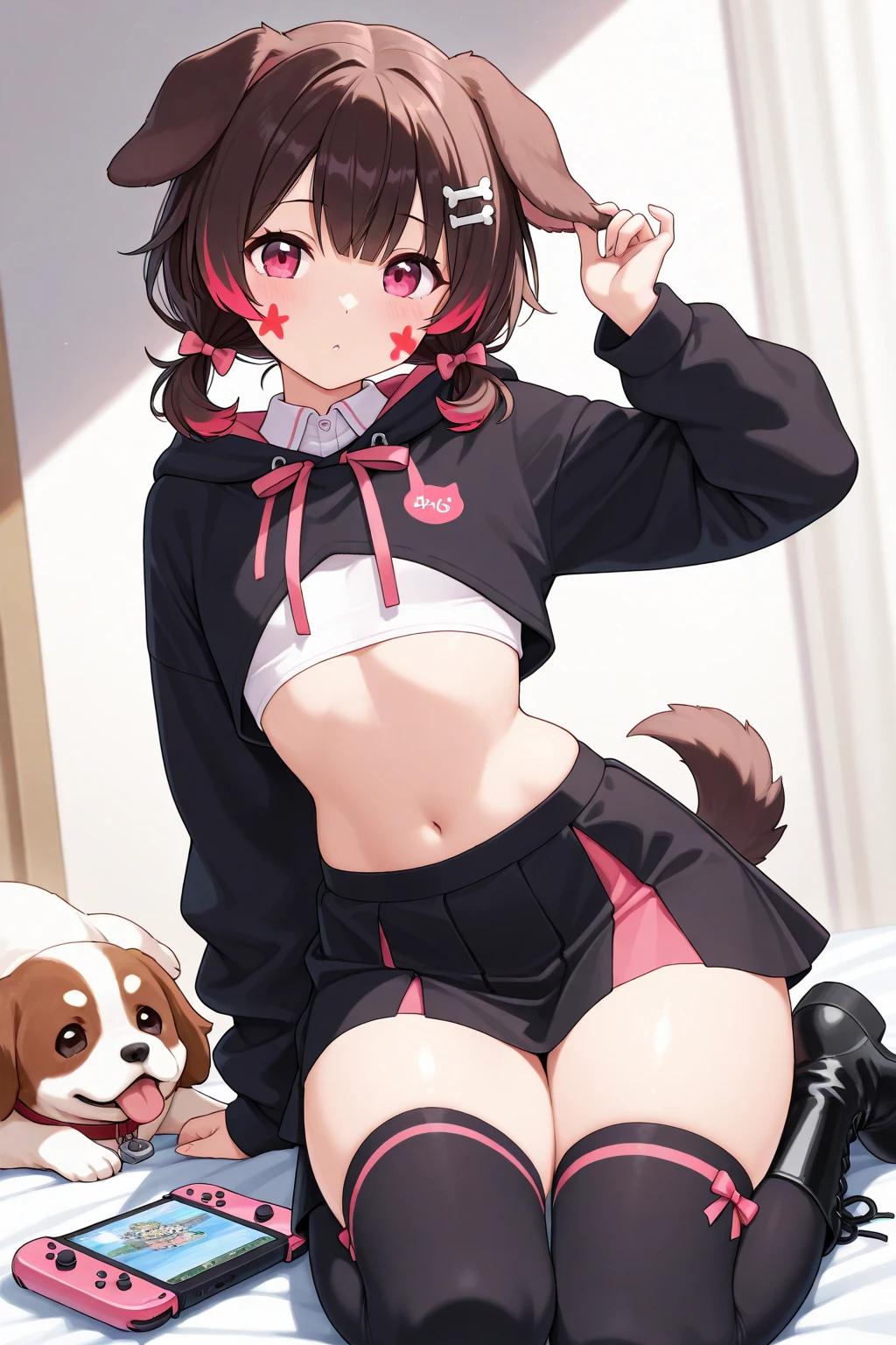 uraraka ochako, General, 1girl, :d, animal ears, uraraka ochako, General, 1girl, animal ears, belly, blush, brown hair, chewing, chinese zodiac, closed eyes, cosplay, crotch, gloves, heart, hip bones, legs, mirko (cosplay), mochi, navel, rabbit ears, rabbit girl, rabbit tail, short hair, simple background, solo, tail, thighs, pink background, white gloves, year of the rabbit, ass, looking back