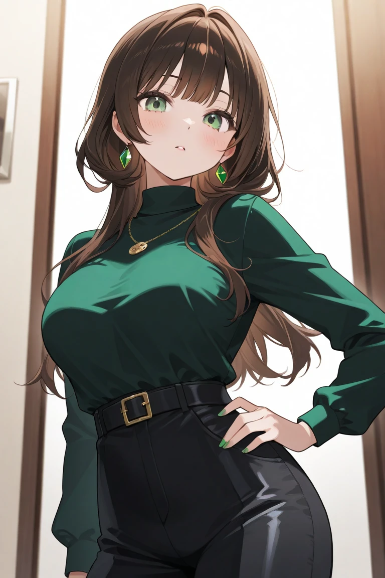 woman((30 years old)), hair((Wavy, golden brown)), eye((smart eye, green)), Clothes((New York Fashion Week, light green)),  smile, Show your chest, ponytail, accessories,