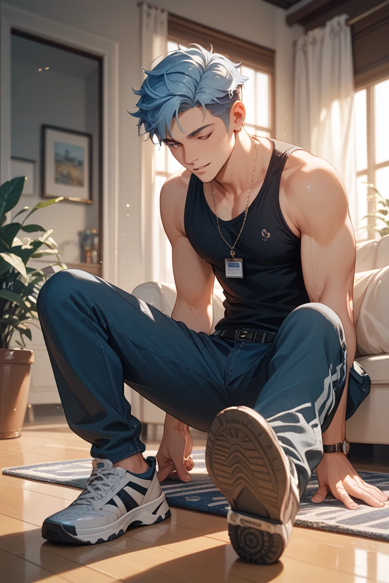 Man, Asian features, another universe, he has feline ears, sharp teeth, blue eyes, toned body, handsome, a bit feline , silky straight hair, his hair is a natural purple color (Sitting on a bench) 	Calculating, angry personality. Dominant, nervous , is wearing cargo pants and a sweatshirt.
