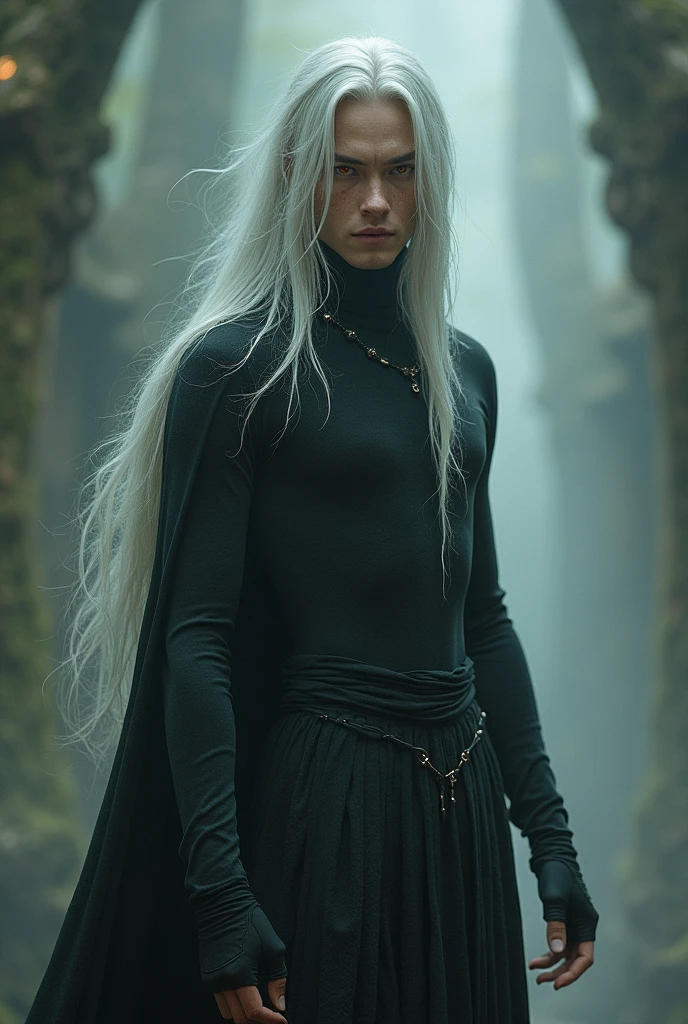 (masterpiece, best quality, 8k, dramatic, dark souls:1.5), (dark sun gwyndolin, dark souls, parasitic false god, albino, beautiful, slender androgynous male, beautiful eyes, long hair, flat chest, male crotch:1.5)