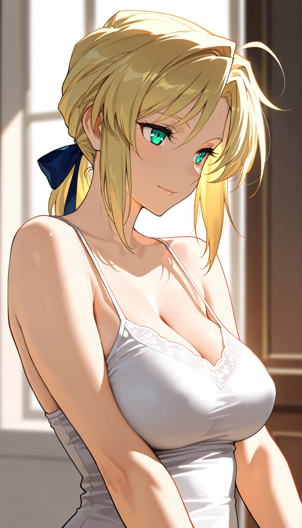 masterpiece, best quality, detailed face, 1woman, blonde hair, blue eyes, ponytail, nude apron, white apron, small breast, side boob, symmetric face