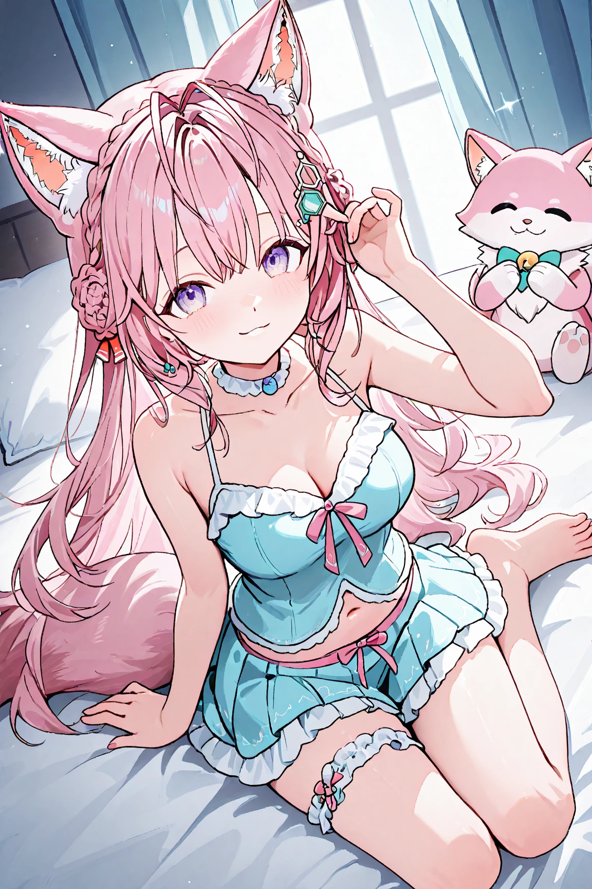 masutepiece, (2 girls and 2 girls), longing, closeup cleavage, Big eyes, Kawaii Tech, kawaii, Cute, Pastel colors, Best Quality, cheerfulness, Deep background, Symmetrical, Head Tilted、、、、、1girl in, lightsmile, Shiny skin, Best Quality, masutepiece, (Game CG:1.4), NSFW, Detailed beautiful face and eyes,爆乳、Lingerie with a small area, large full breasts、 (See-through panties:1.2),、、, the anime girl is crouching, beautiful anime girl squatting, Bending over, highly detailed giantess shot, , bottom shot, turned around、