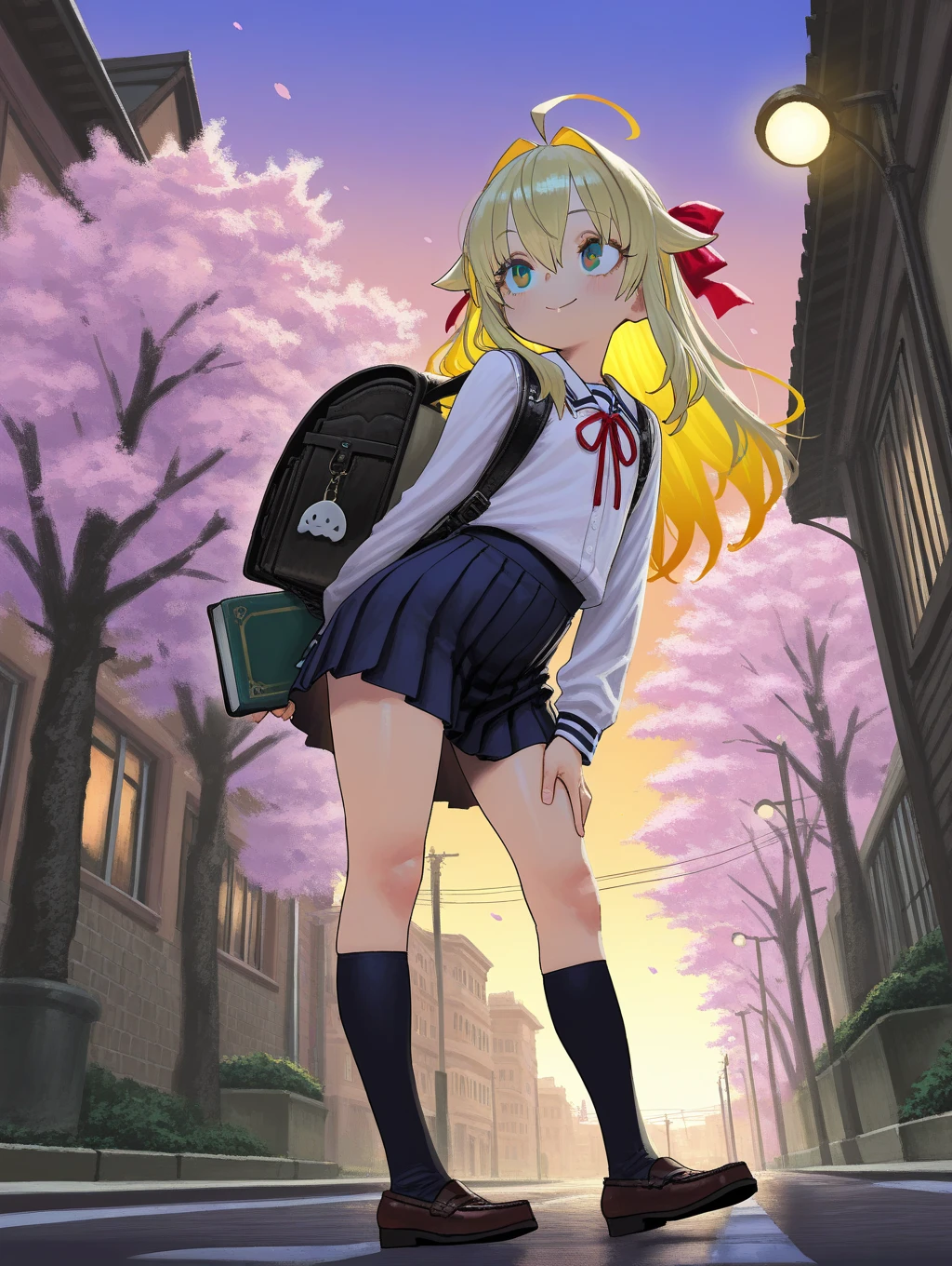 aragakiwi, red eyes, blonde hair, bangs, hair bun, mole under eye, school uniform, cardigan, serafuku, pleated skirt, green skirt smile, sitting, city <lora:leopard:1>