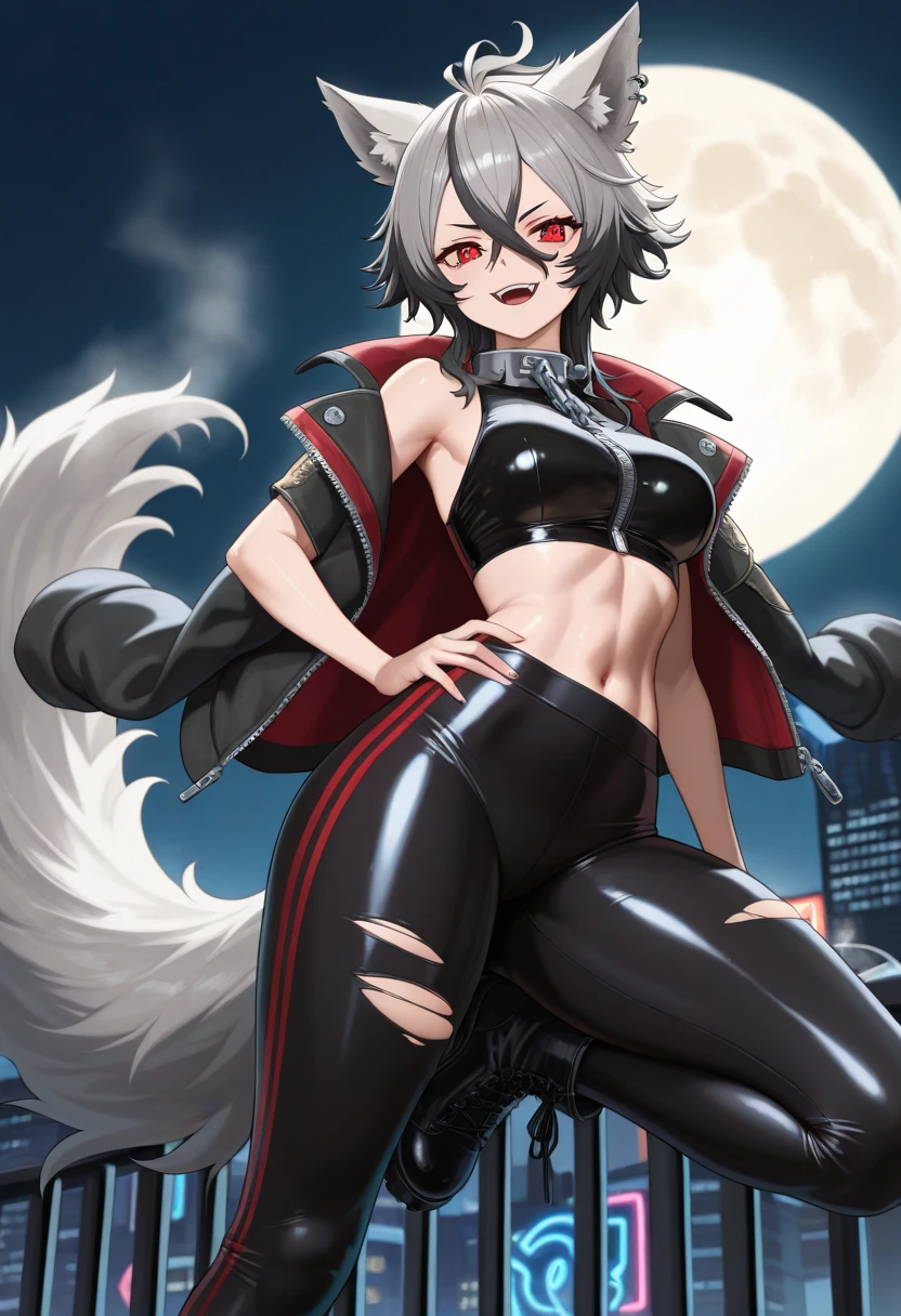 8k, 4k, intricate details, cinematic lighting, stunning environment, ornate, (realistic:1.1), detailed face, detailed eyes, detailed shadows, 1girl, abs, animal ear fluff, animal ears, bandeau, belt, black jacket, black panties, blush, breasts, collarbone, dark skin, dark-skinned female, eyepatch, fur trim, fur-trimmed jacket, green pants, highleg, highleg panties, holding, jacket, long hair, looking at viewer, muscular, navel, off shoulder, one-eyed, panties, pants, red choker, red eyes, scar, scar on cheek, scar on face, sheath, simple background, sitting, smile, solo, steam, tail, <lora:CHA_Ghislane:1>