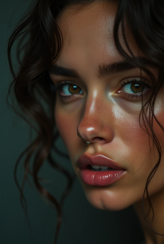 (UHD, retina, masterpiece, award-winning, award-winning, accurate, anatomically correct, textured skin, super detail, high details, high quality, best quality, absurd high res, 1080P, HD, 4K, 8k, 16k, 32k), studio lighting, (physically-based rendering), vivid colors, ((Gorgeous older woman, 40-years-old, milf)), (beautiful detailed dark blue eyes, beautiful detailed lips, extremely detailed eyes and face), alluring pouty lips, sexy full lips, (large SAGGING breasts), ((topless, holding breasts)), dark atmosphere, (medium portrait, shiny brown hair swept to one side, grey streaks, shiny skin, blush), (bokeh), eye reflection, highly detailed skin texture, extreme details, (freckles, wrinkles), dark skin, flush,, ultra detailed skin texture, ((very shinny skin)), soft lights, tanned skin,gigantic breasts, (perfecteyes), seductive smile