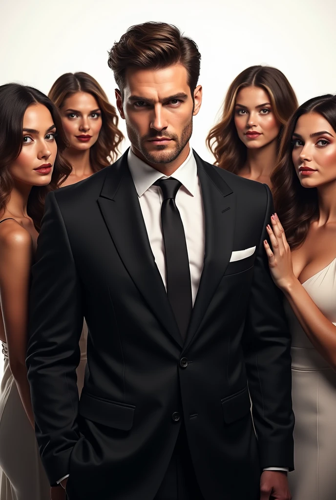 now create a man with several women around him, black backdrop